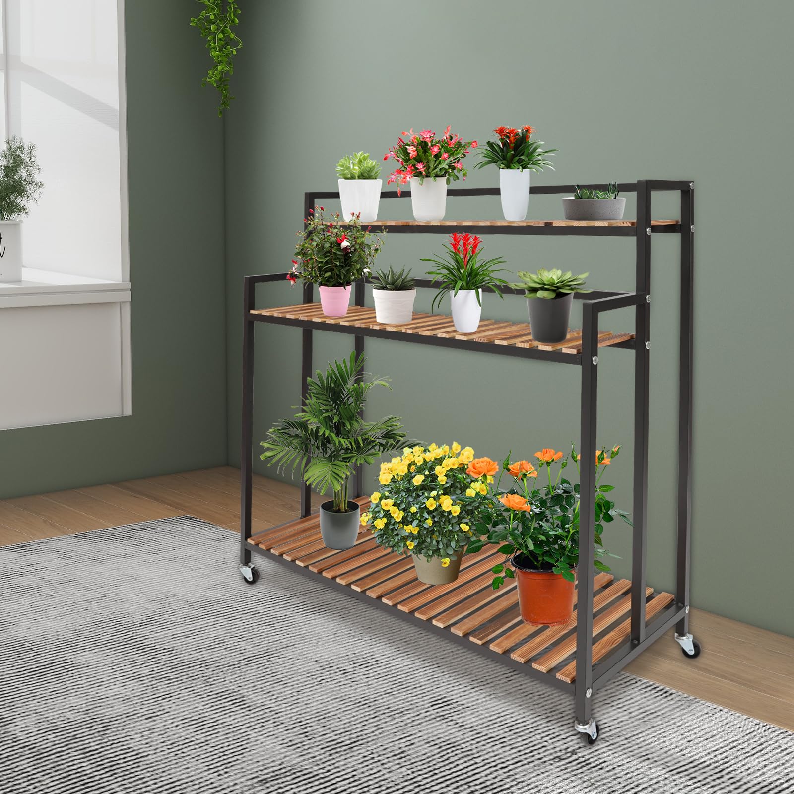 3-Stufige Blumentreppe, Blumenregal mit Rädern, Pflanzentreppe aus Edelstahl und Kiefernholz Platten, Bewegliches Blumenständer Pflanzenständer für Outdoor Indoor, 100x40x102 cm (Schwarz)