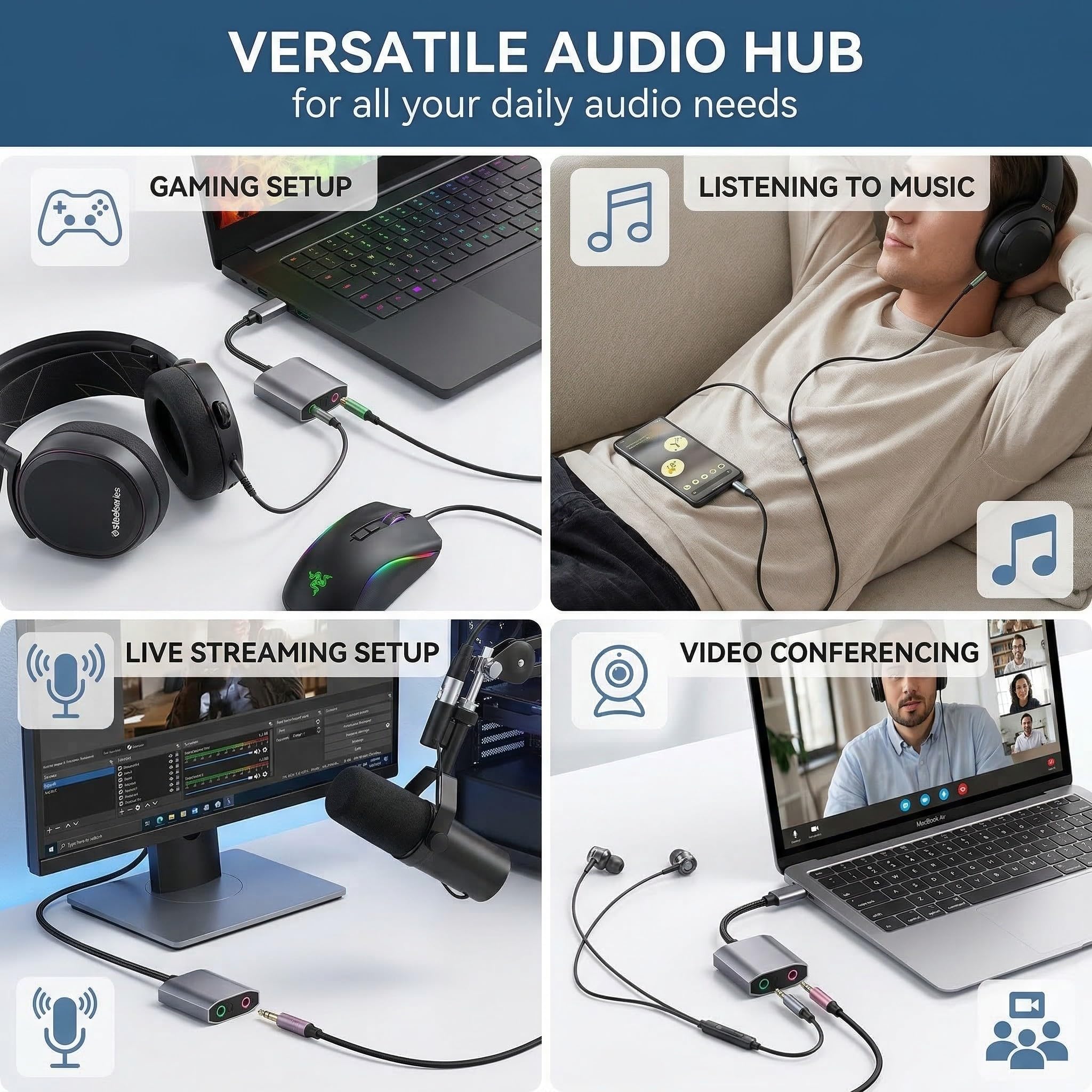 Scheda Audio Esterna USB C, Adattatore Audio Tipo C a Jack 3,5mm Hi-Fi 24-bit/96kHz, Convertitore Audio con Ingresso Microfono e Uscita Cuffie, Plug & Play per PC, Laptop, perPS5PS4Xbox