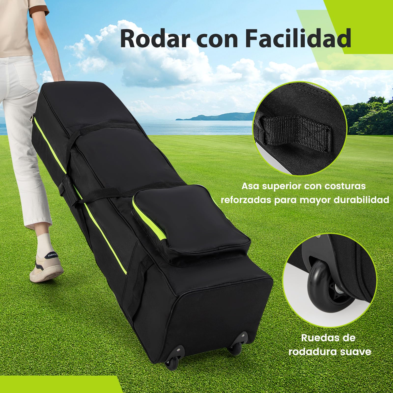GOPLUS Bolsa de Golf Plegable con Ruedas, Funda de Viaje para Golf con 3 Asas y Bolsillo Lateral, Tejido Oxford Impermeable, Bolsa de Viaje con Cerradura y Llave, para Palos de Golf
