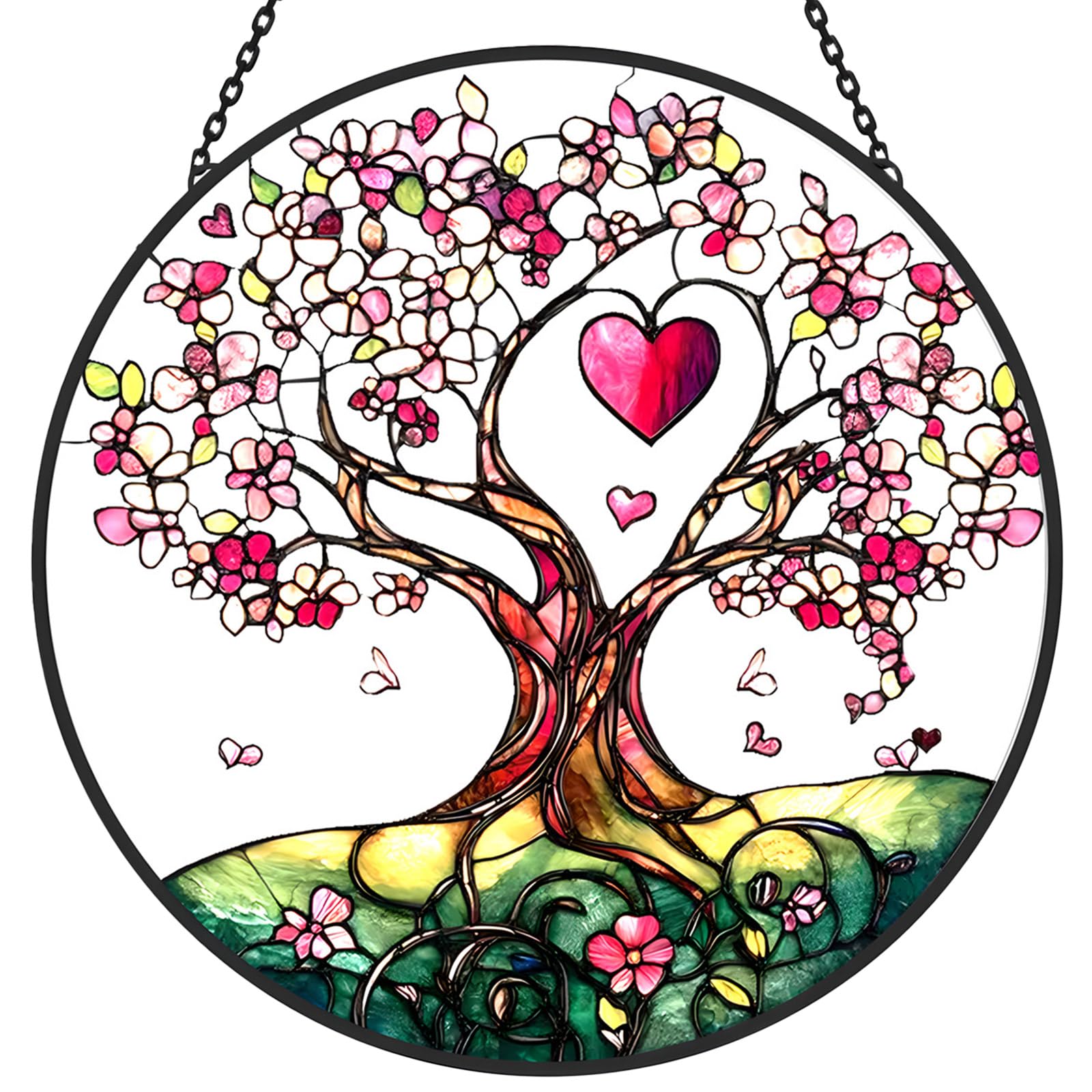 Stained Glass Suncatcher Window Hanging – Pink Tree of Life with Heart, Sun Catcher Window Decor, Meaningful Gift for Mom, Grandma, Nana, Birthday & Mother’s Day — image 1