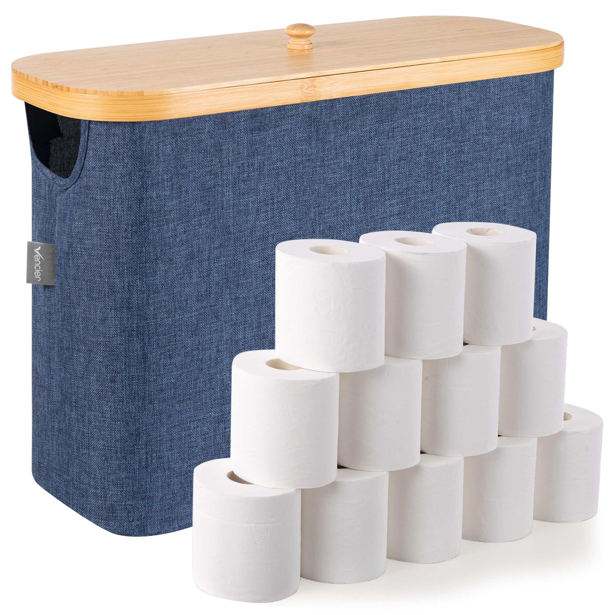 Vencier Blue 23L Toilet Roll Storage (Holds 9 Rolls) – Bamboo Bathroom Storage Box With Lid & Handle | Multifunctional Toilet Paper Holder Stand & Basket Cabinet (, 23L)