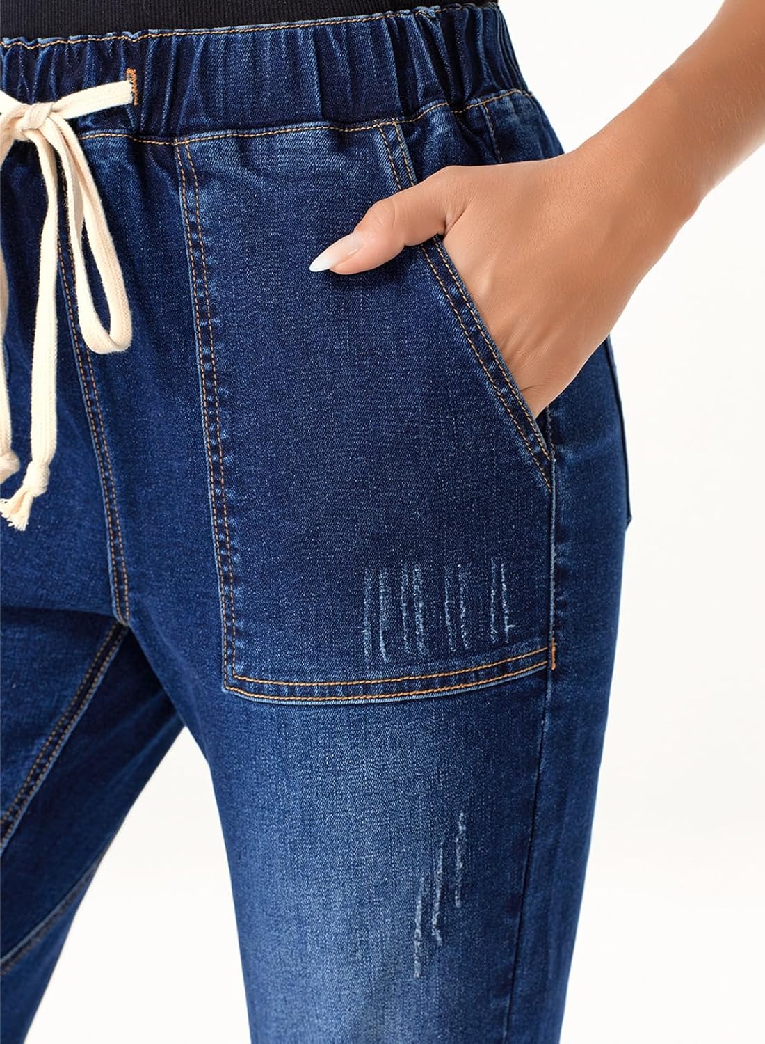 Sidefeel Women’s High Waisted Drawstring Jeans Pull On Cargo Joggers Zimbaplatinum Ripped Elastic Waist Denim Pants - Image 6