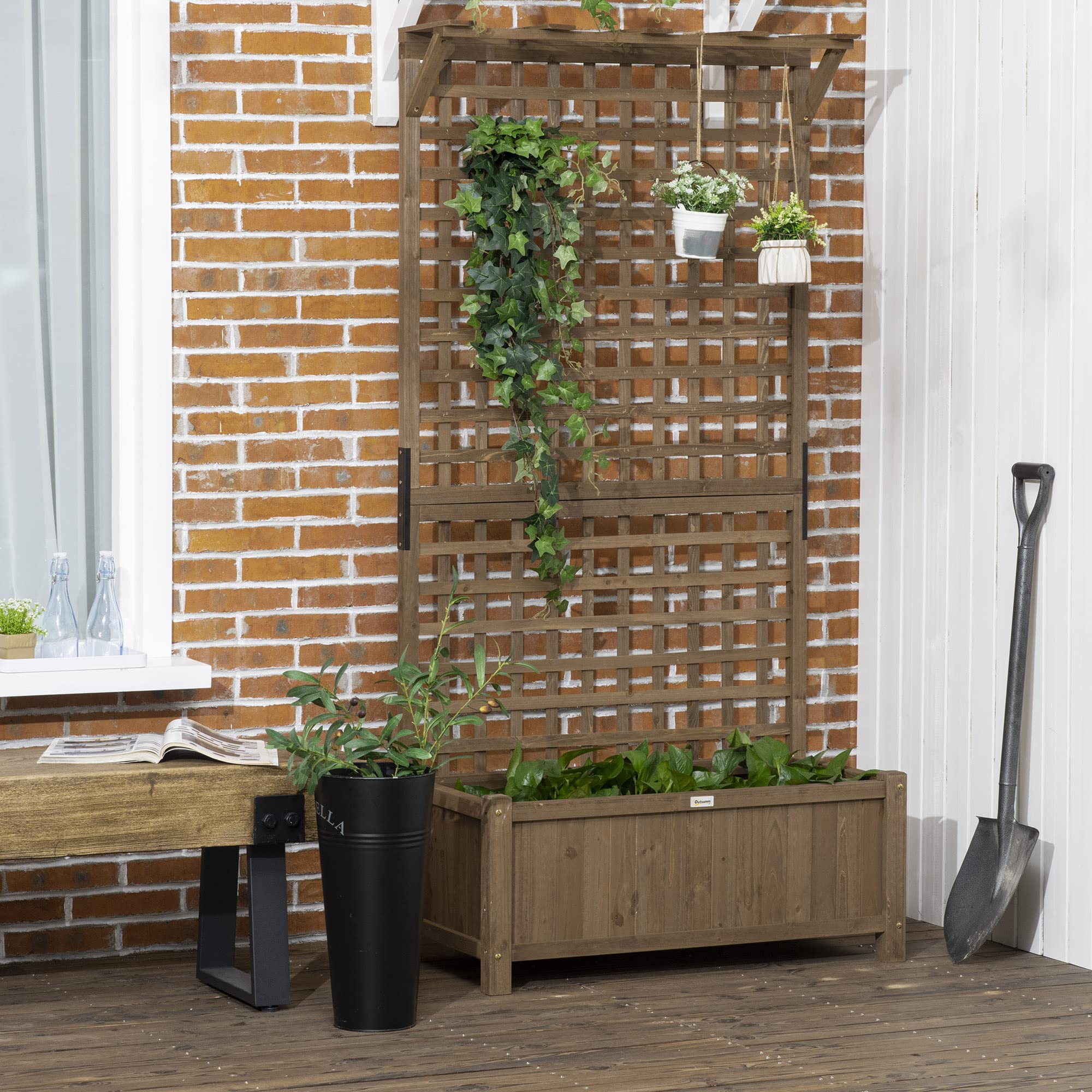 Outsunny Jardinera con Enrejado de Madera Macetero de Jardín con Soporte para Trepadora Cultivo de Plantas Flores Jardinera con Celosía para Exterior Patio Terraza 90x45x183 cm Marrón
