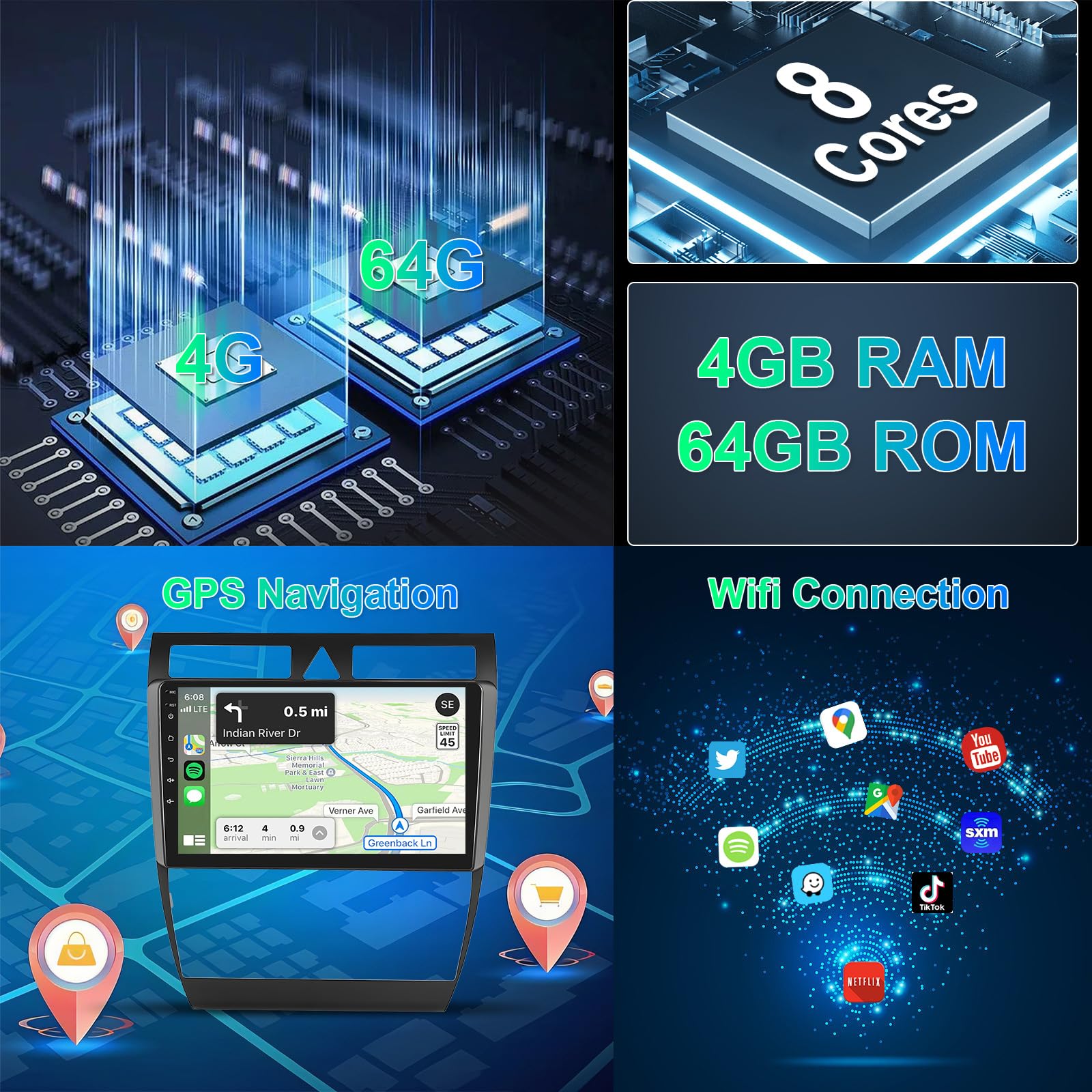 8 Core 4G+64G Autoradio für Audi A6 C5 1997-2004 S6 1999-2004 RS6 2002-2006,Hodozzy 9 Zoll IPS Touchscreen Navi mit Carplay Android Auto,2 DIN Radio Android Bluetooth DSP WiFi FM RDS Rückfahrkamera