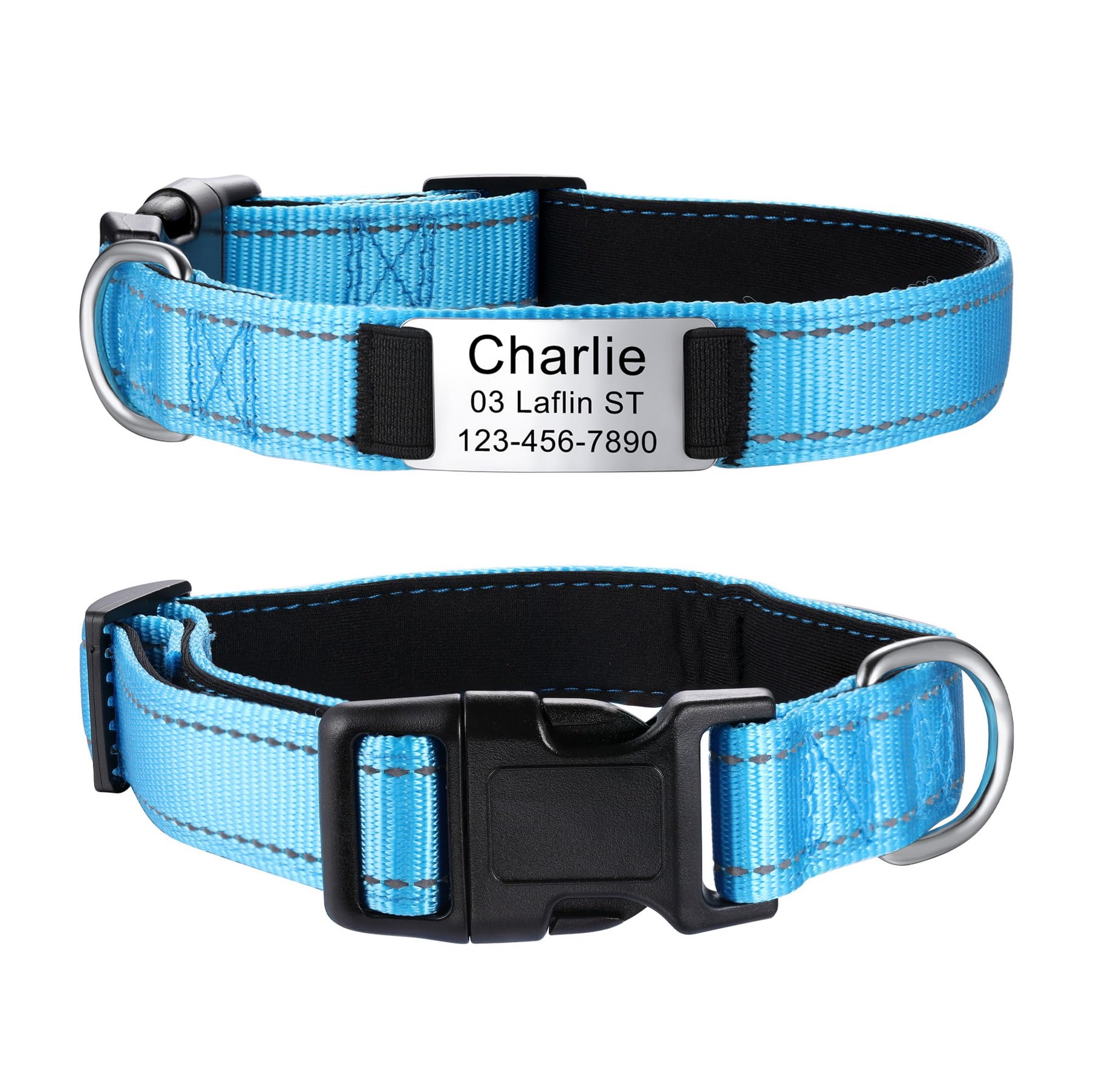 MeMeDIY Personalized Dog Collars Padded Reflective Nylon Dog Collar with Engraved Name Pet ID Tag Silent Stainless Steel Nameplate Adjustable Collar for Small Medium and Large Dogs -Sky Blue, S