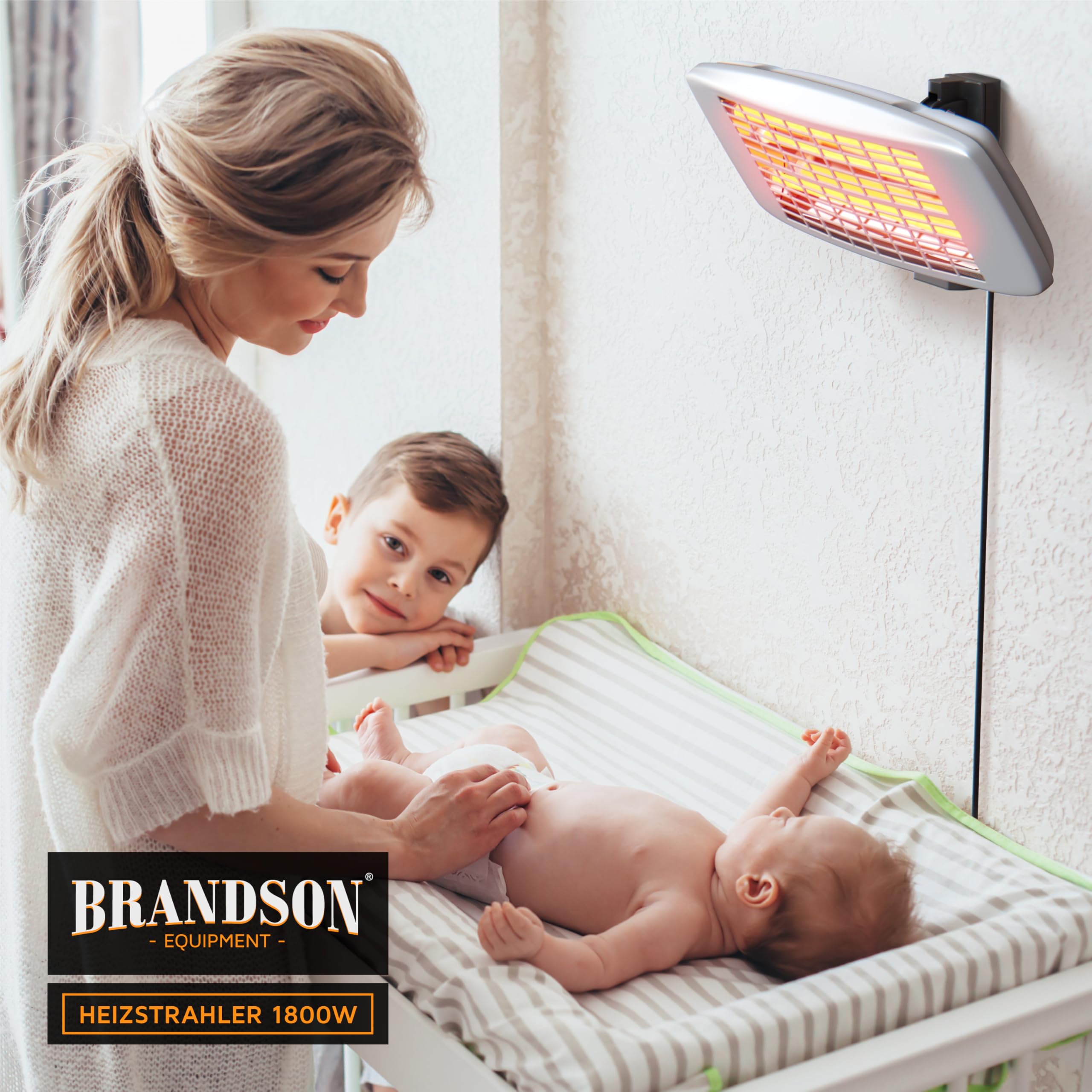 Brandson - Infrarot Wickeltischstrahler - Wickeltisch Heizstrahler Baby mit Fernbedienung - 1800 Watt - 3 Leistungsstufen Heizelemente - LED Power-Indikator – inkl. Wandhalterung – schwenkbar