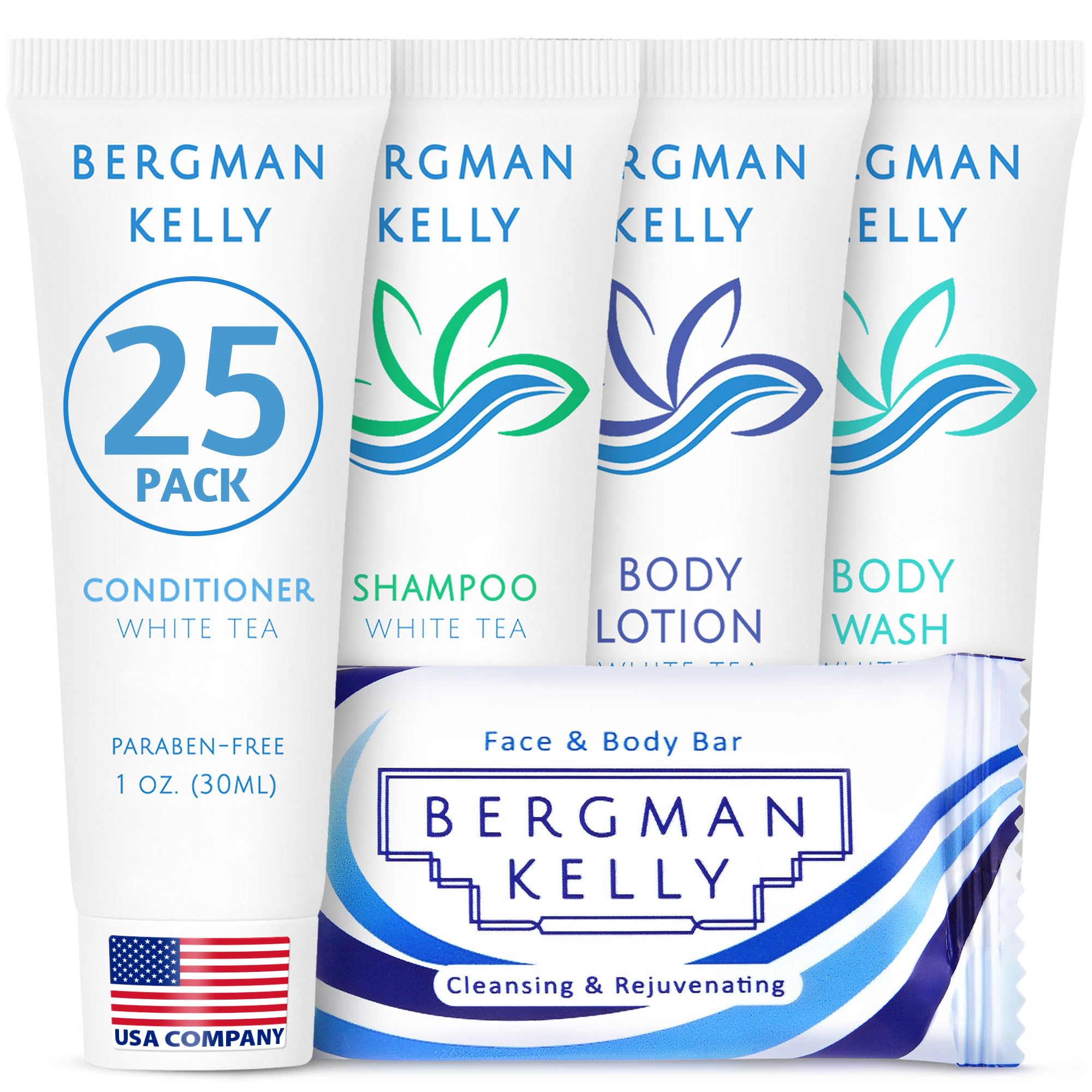 Bergman Kelly - Hotel Toiletries Bundle - White Tea 1 oz ea 125 Pieces - 5-Piece Set 25