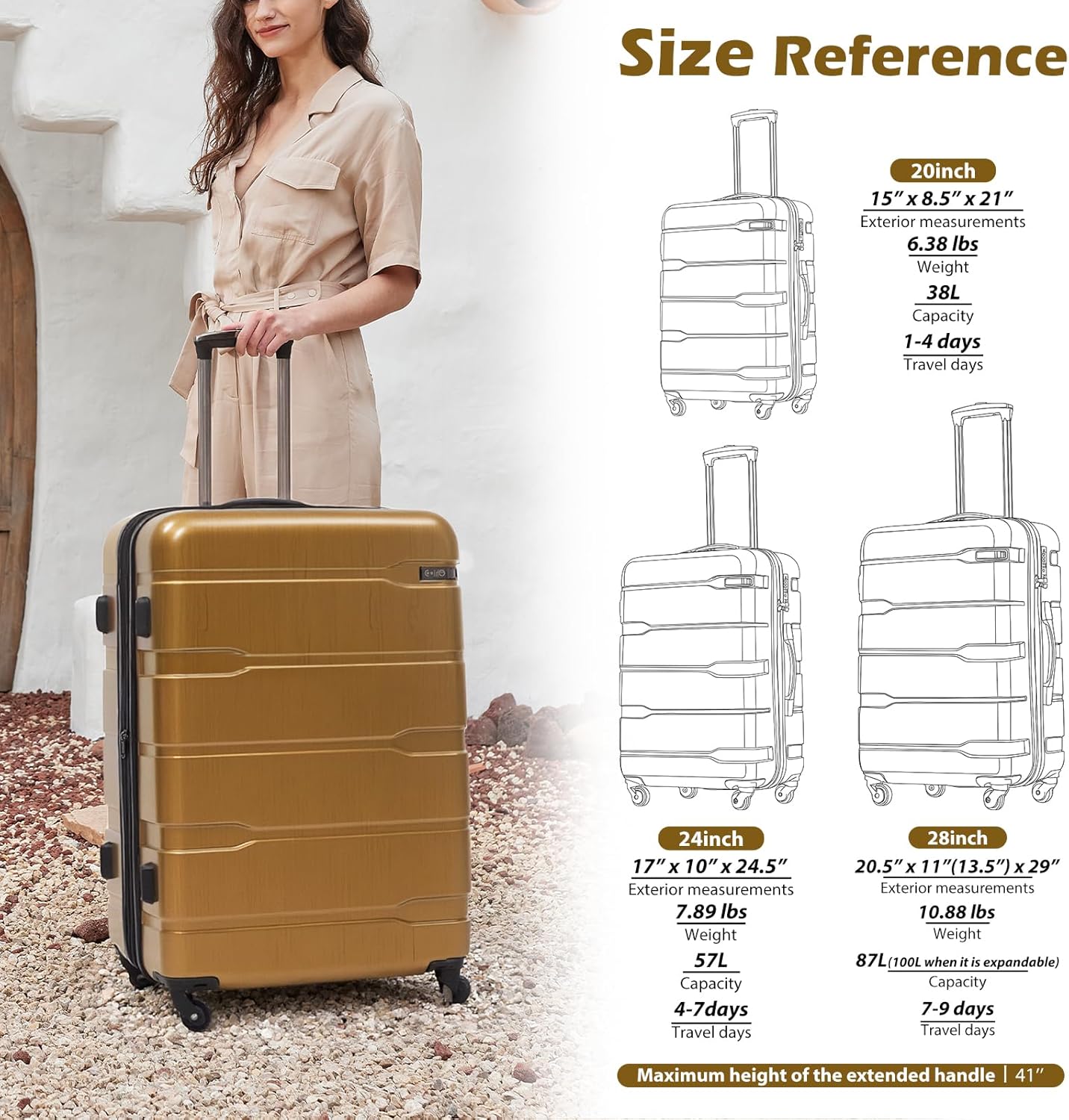 Coolife Luggage Set 3 Piece Hardside PC+ABS Suitcase with TSA Lock, Expandable Large Checked Luggage, Lightweight Rolling Carry On with Spinner Wheels(20/24/28 Inch, Black Brown) - Image 8