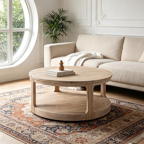 KEVINSPACE Round Coffee Table 40 Circle Coffee Table for Living Room 2-Tier Solid Wood Desktop Center Table Modern Design Accent Center Table Home Furniture for Bedroom, Home Office Oak