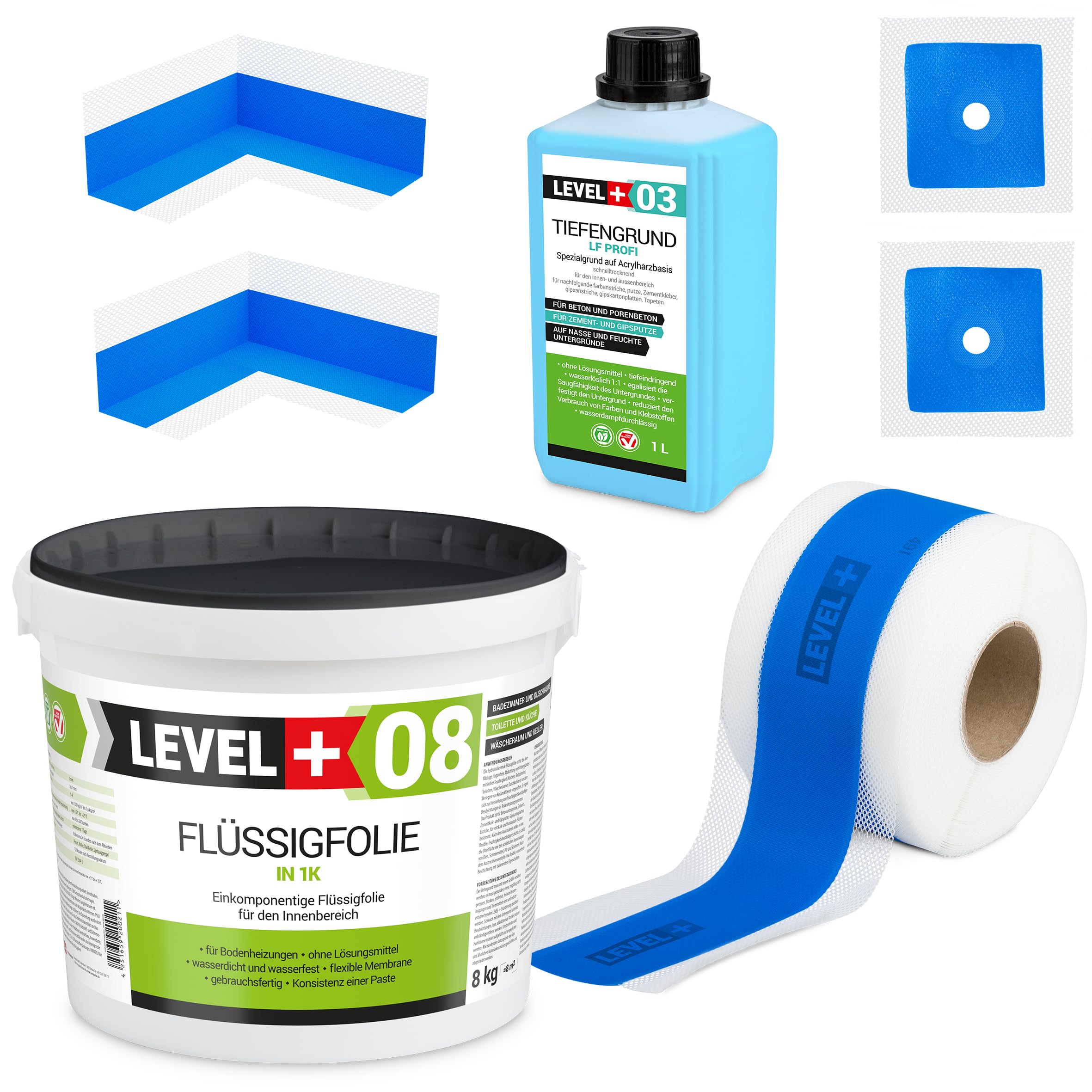 Dichtset 8 Kg Flüssigfolie, 2 Innenecken, 2 Wandmanschetten, 5m Dichtband