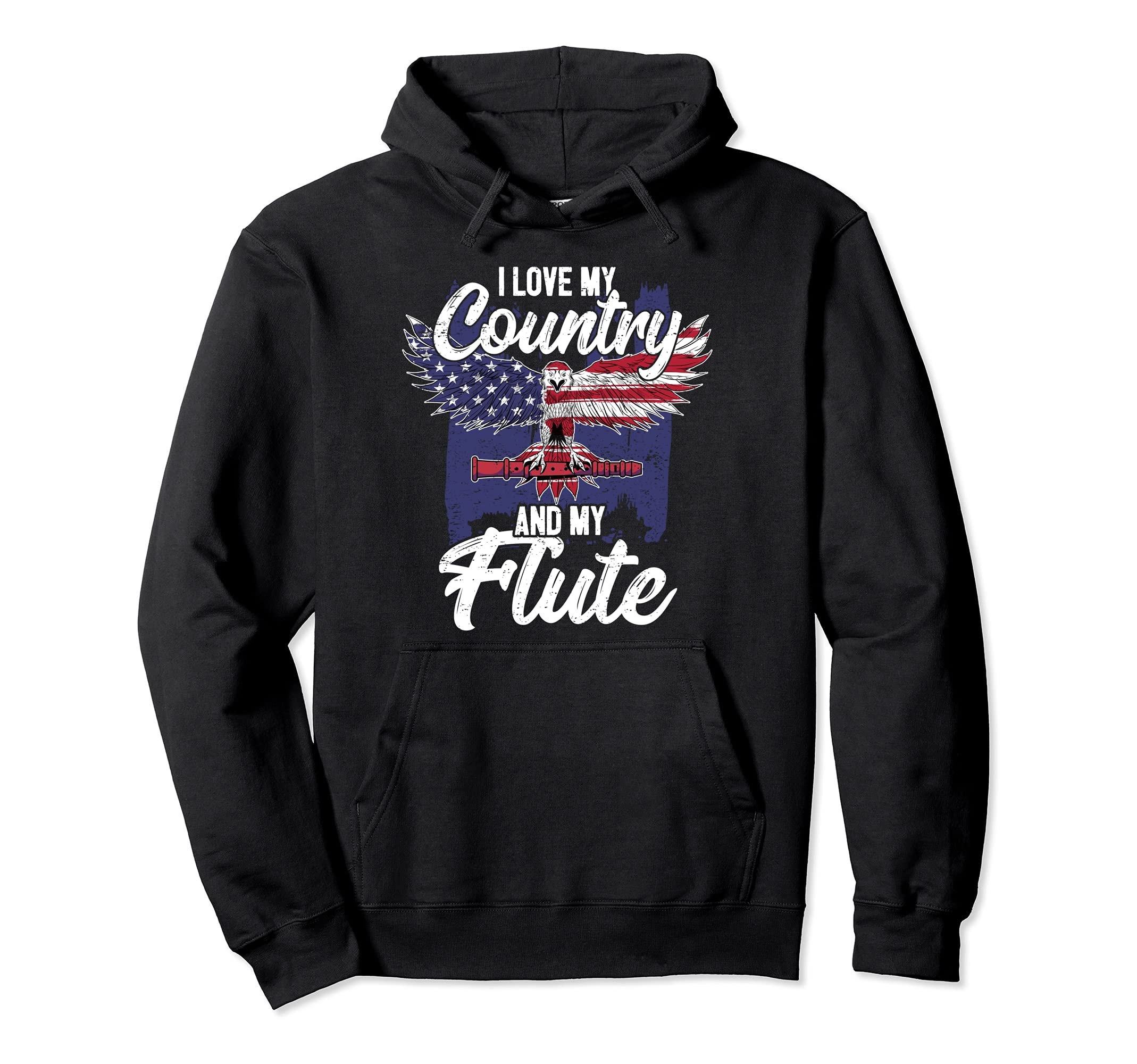 Patriotic Flute Player Flutist I American Eagle USA Pullover Hoodie, Black