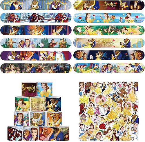 Juego de 86 pulseras de la Bella y la Bestia, incluye 36 pulseras y 50 calcomanías de La Bella y la Bestia, recuerdos de fiesta de cumpleaños con