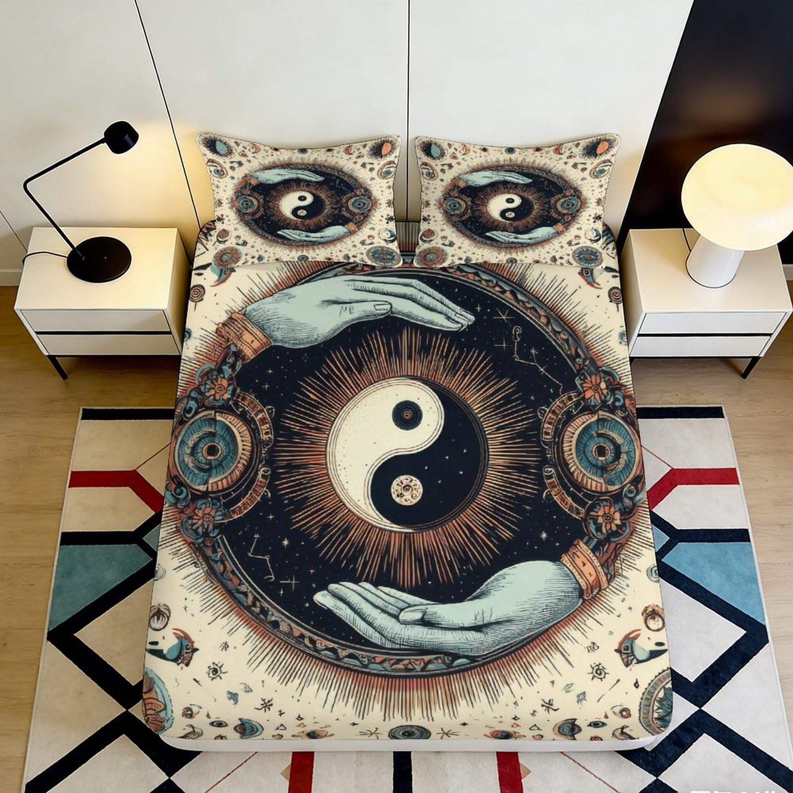 3D Printed Mystic Yin Yang Fitted Sheet Microfiber Sun Moon Bed Cover for Bedroom Decor Anti-Slip Easy Care 180x200x25cm