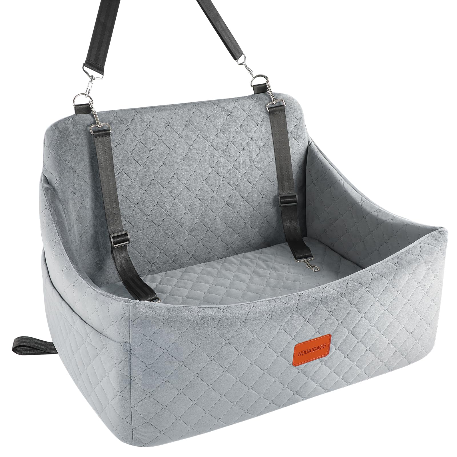 Wooaidagg Dog Car Seat for Medium & Large Dogs Up to 55lbs, Memory Foam Cushion, Washable Cover, Safety Straps & Non-Slip Base(Grey,Large)