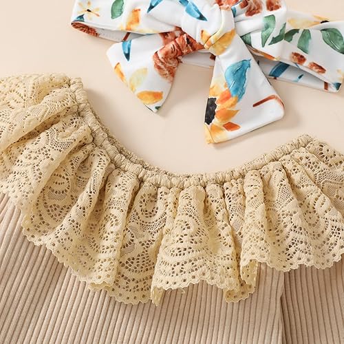 Miniatura 1 de Conjunto de ropa para bebé niña mameluco acanalado con volantes parte superior lisa pantalones largos acampanados lindo traje de otoño e invierno 3