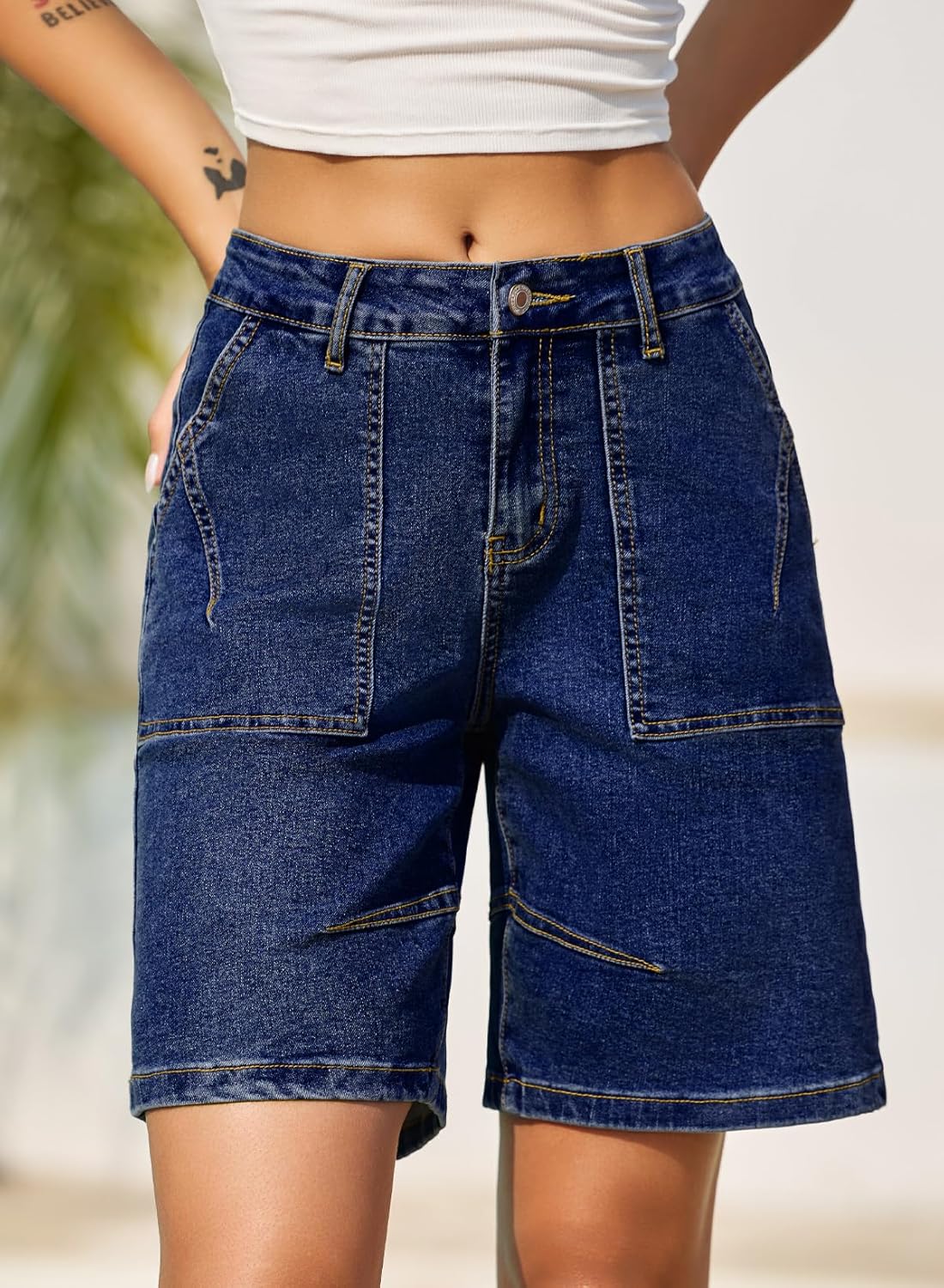 Sidefeel Women's Jean Shorts High Waisted Stretchy Bermuda Pleated Denim Summer Shorts - Image 3