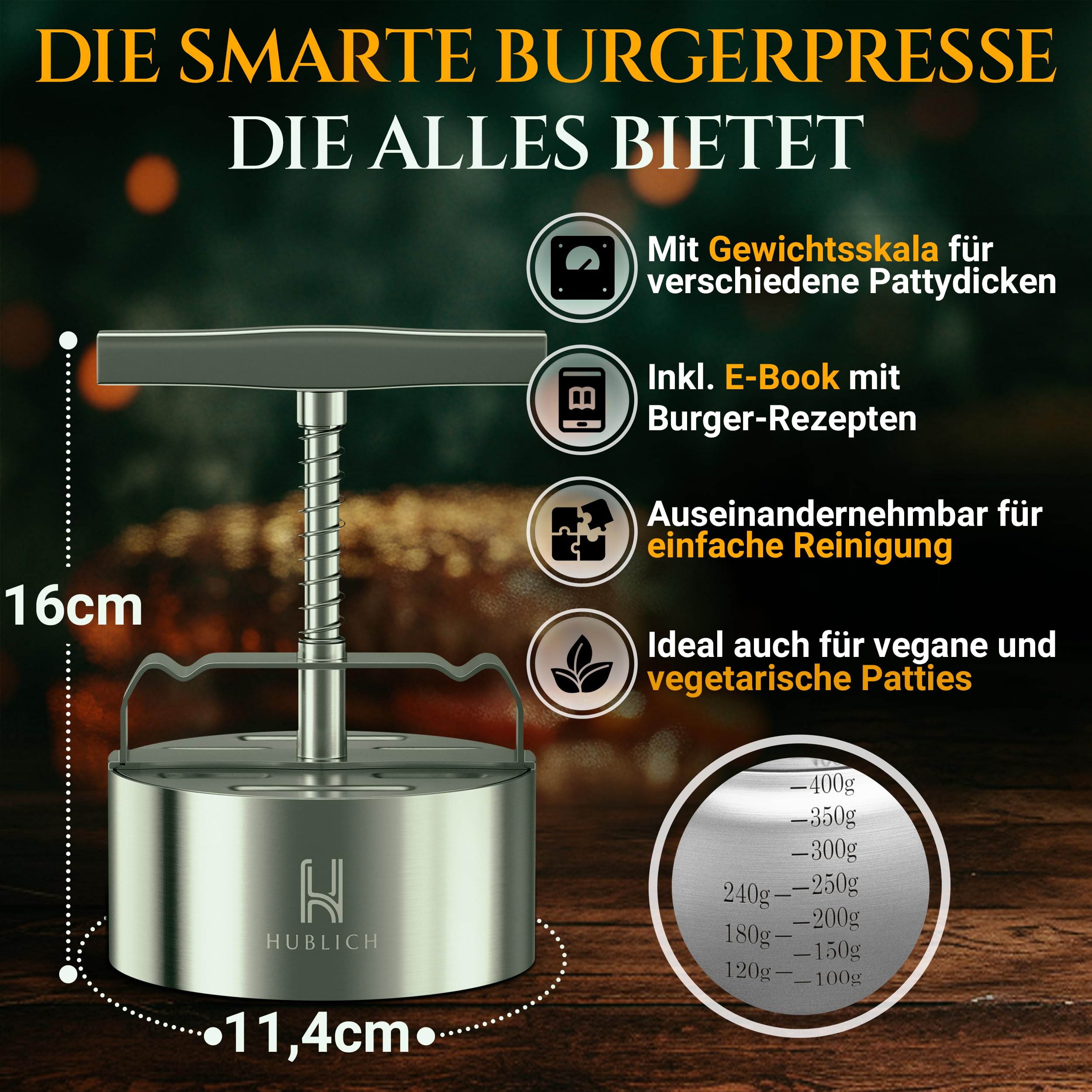 Hublich® Hochwertige Burgerpresse aus Edelstahl – Hamburgerpresse – Ideales Grill Zubehör für perfekte Hackfleisch Patties mit 100-400g – Patty Maker für saftige Hamburger - 4
