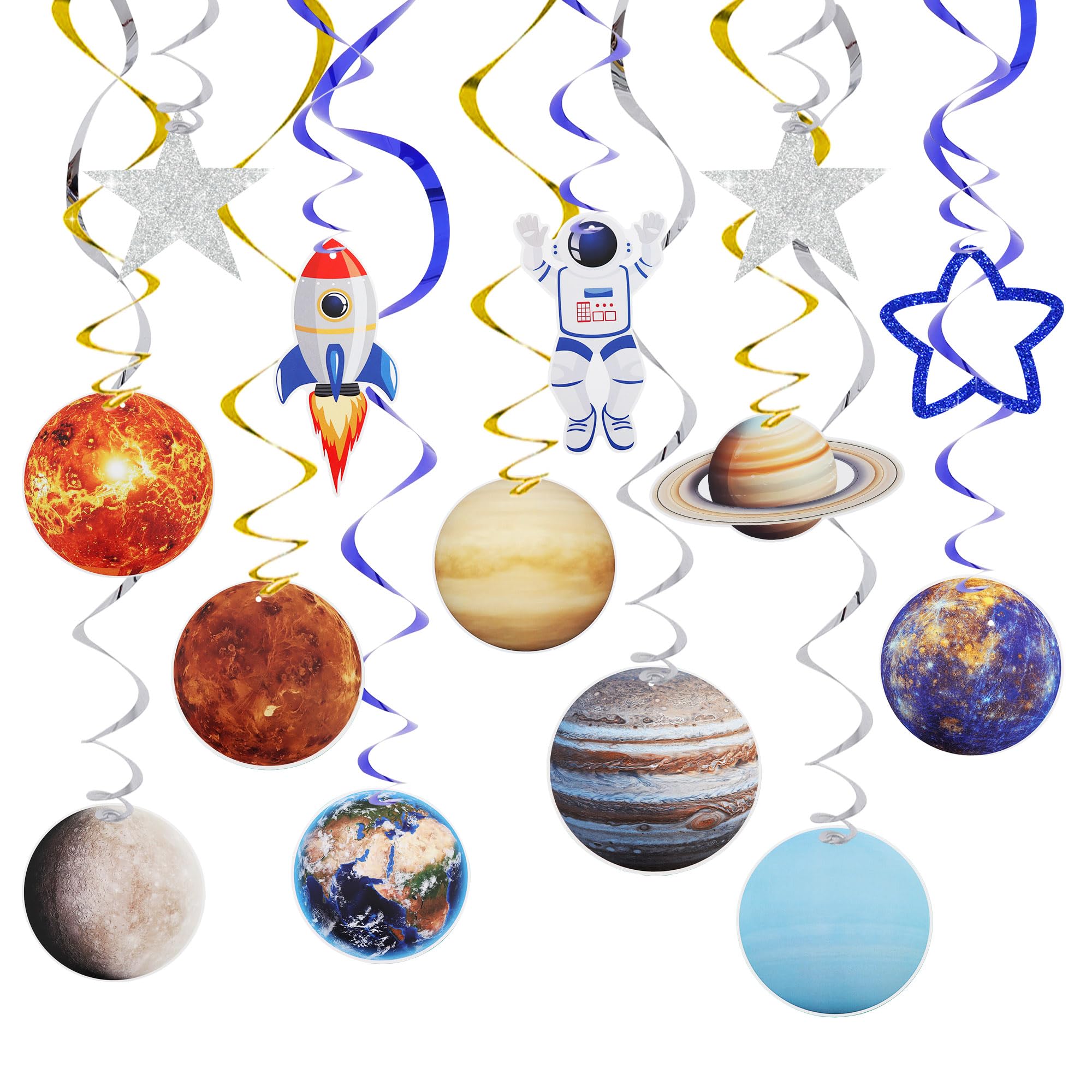 TONIFUL 18 Pcs Solar System Hanging Swirl Decorations Pre‑Strung Hanging Swirl Ceiling Streamers for Space Themed Birthday Party Galaxy Planet Kids Party Christmas Home Room Wall Door Window Decor