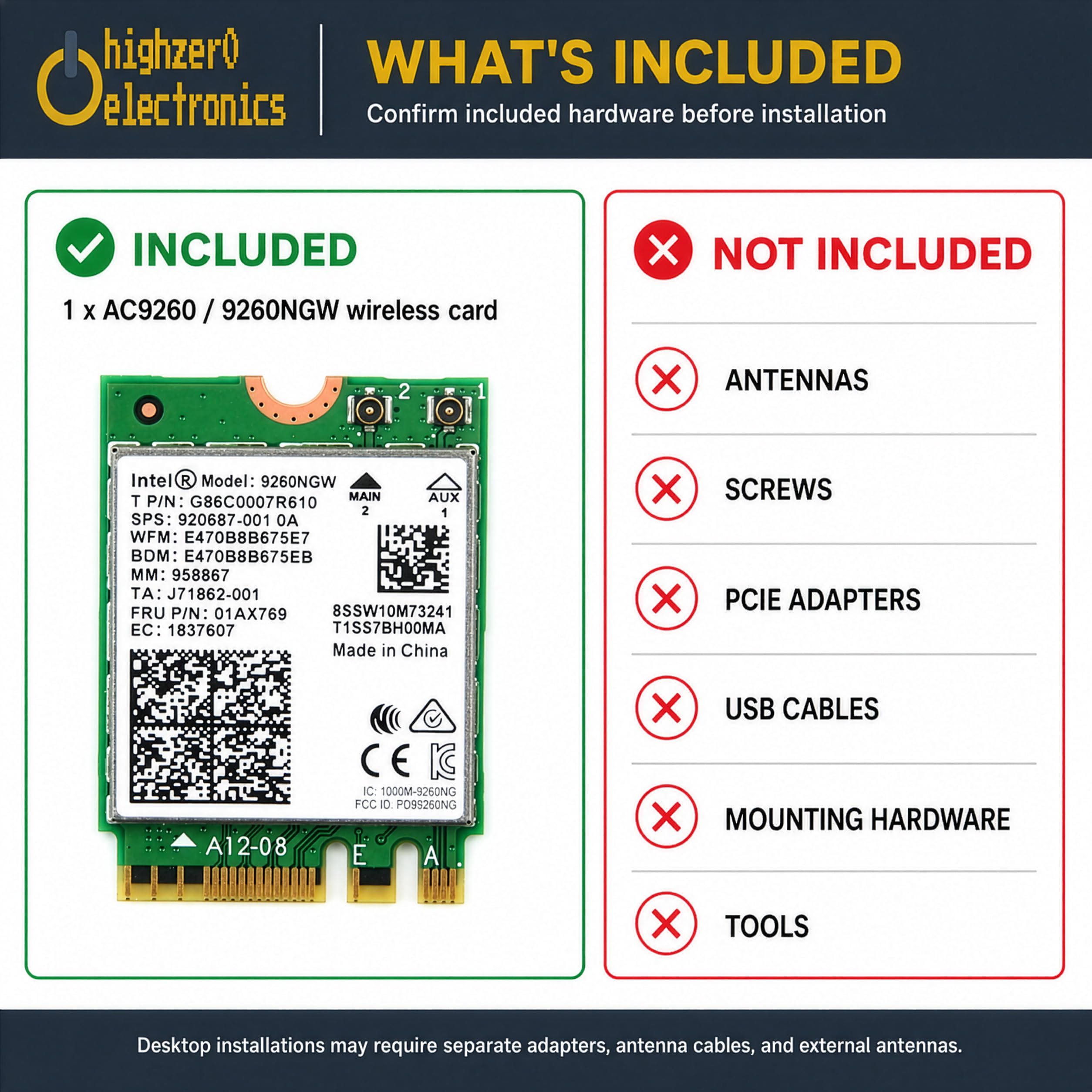 AC 9260 802.11ac M.2 Bluetooth 5.1 Legacy Network Card | WiFi 5 up to 1.73Gbps, MU-MIMO | Compatible with Intel, AMD, Linux & Windows 10/11 | 9260NGW WiFi Adapter