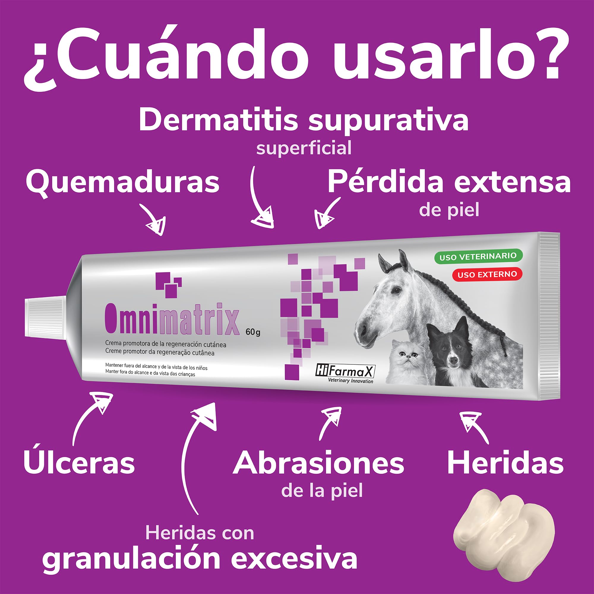 Omnimatrix Hifarmax - Crema Cicatrizante para Perros, Gatos y Caballos | Antiinflamatorios para Perros y Otras Mascotas, Ideal para la Cicatrización de Heridas | Crema para Almohadillas| Tubo de 60g