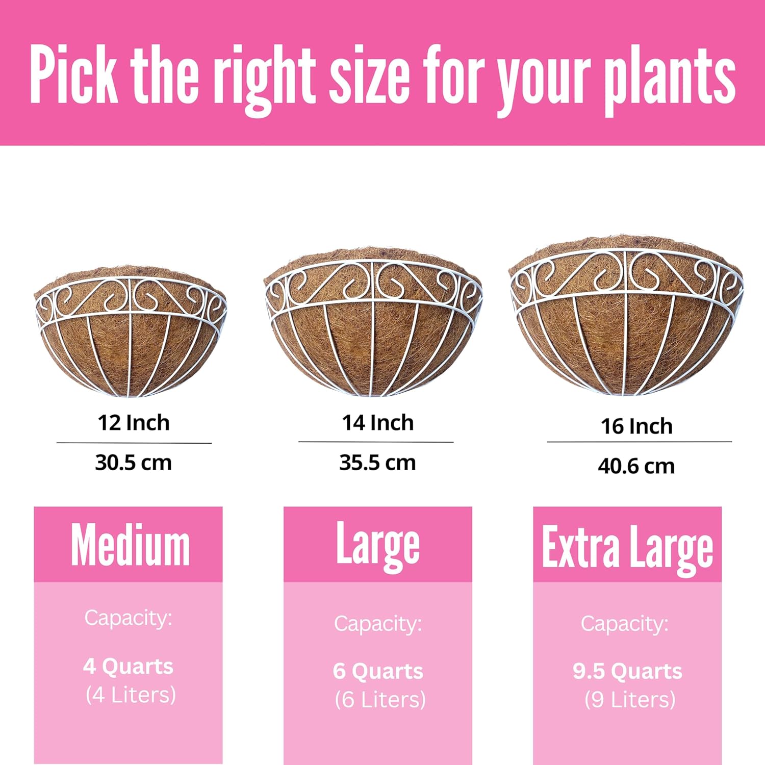 LaLaGreen Wall Mounted Flower Baskets (2 Pack, 14 Inch) Large Wall Hanging Planter with Coco Liner for Outdoor Plants, White Metal Fence Pots Holder Rail Railing Deck Porch Balcony Garden Patio Decor