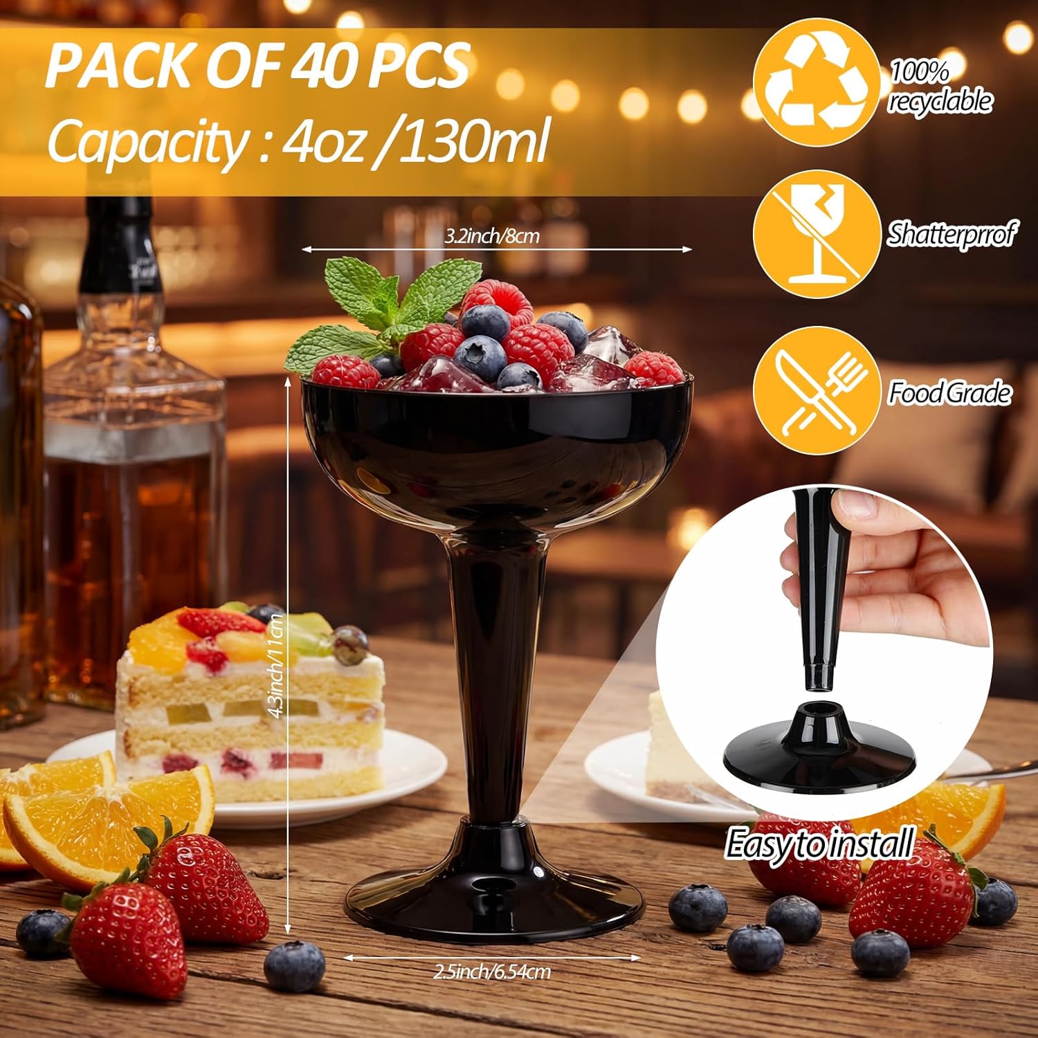 Domensi 40 Pack Black Champagne Coupe Glasses Bulk Plastic Disposable Champagne Glasses 5 oz Plastic Mimosa Wedding Cocktail Cups for Engagement Birthday Graduation Decor 2025 Party Supplies - Image 2