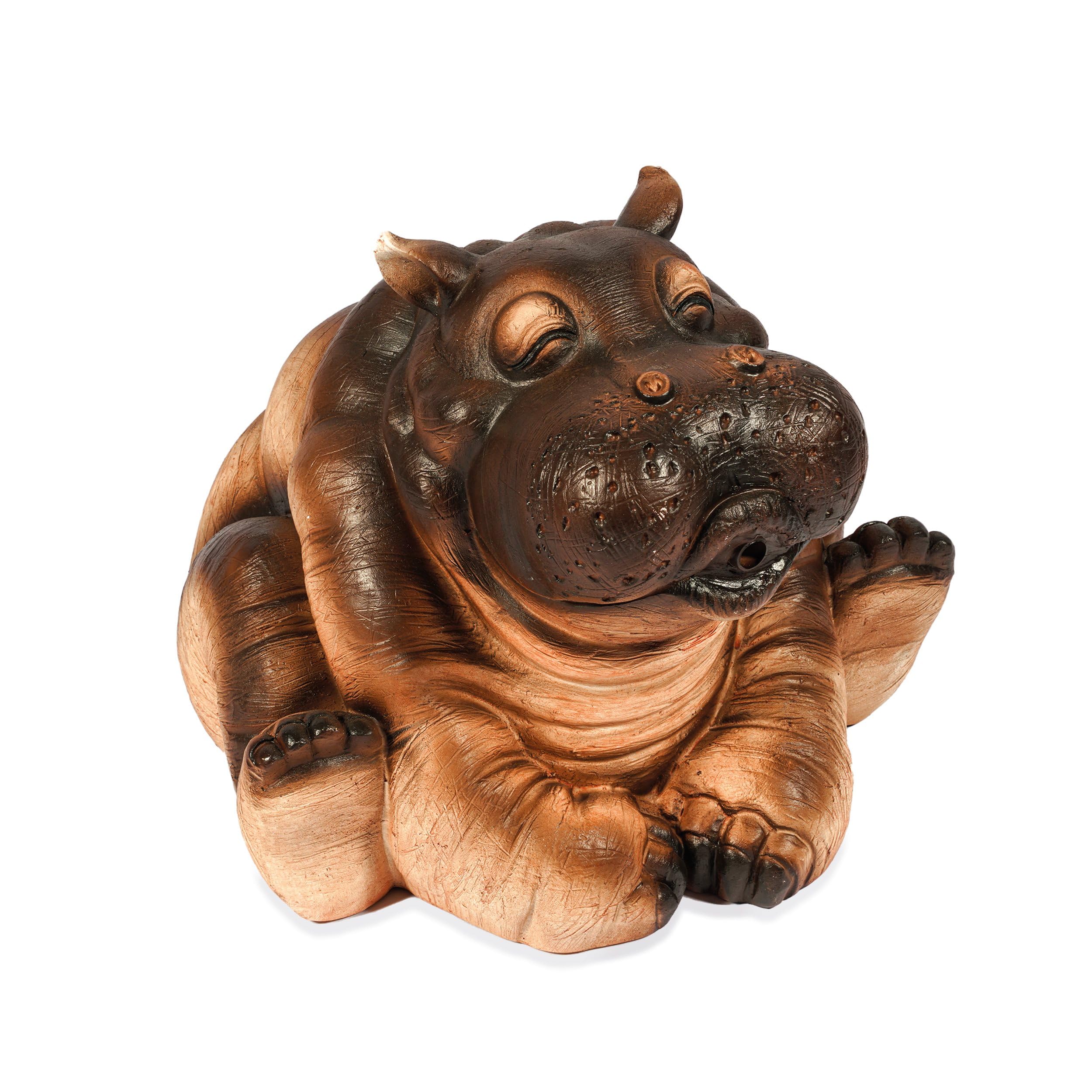 Esotec Wasserspeier sitzendes Flusspferd Hippo, Brunnenfigur für Teich & Garten aus Polyresin, Gartenfigur mit 1,5m Schlauch, Wasserspiel Figur, 25x22x26cm 100740