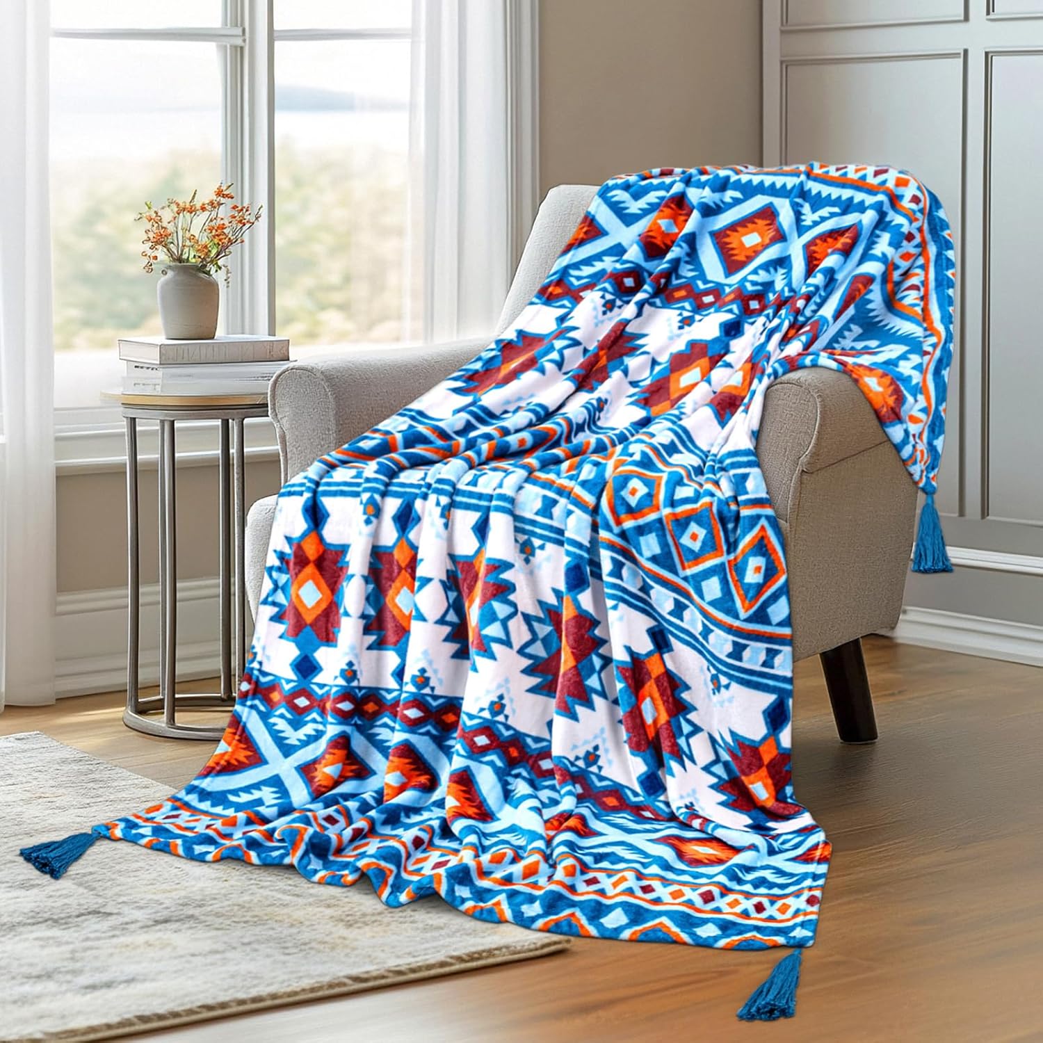MACEVIA Flannel Boho Blanket for Couch, Country Western Aztec Blankets for Home Decor, Southwestern Colorful Throw Blanket with Tassel, Soft Cozy Bohemian Blanket for Bed (Boho Blue, 50x60inches)
