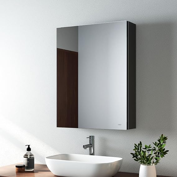 EMKE Bathroom Mirror Cabinet Single Door - Wall Mounted Bathroom Cabinet Storage Cupboard with Adjustable Shelf, Waterproof Bathroom Wall Storage Cabinets, Black 50L x 65H x 14.5D cm