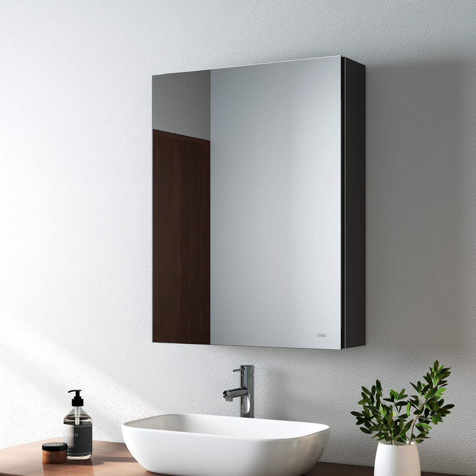 EMKE Bathroom Mirror Cabinet Single Door - Wall Mounted Bathroom Cabinet Storage Cupboard with Adjustable Shelf, Waterproof Bathroom Wall Storage Cabinets, Black 50L x 65H x 14.5D cm