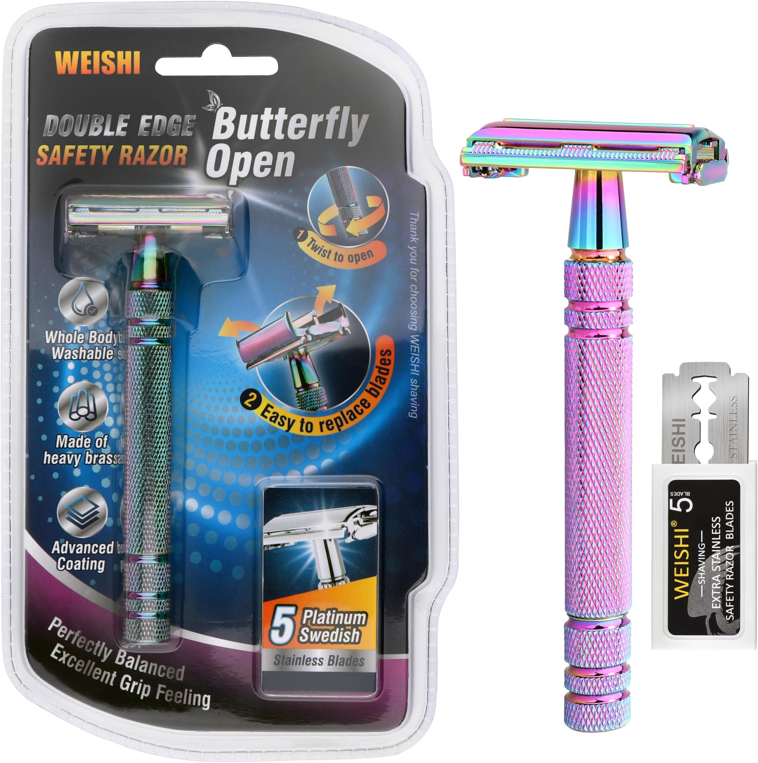 WEISHI Rainbow Color Butterfly Open Long Handle Double Edge Safety Razor Premium Multi-Color DE Razor