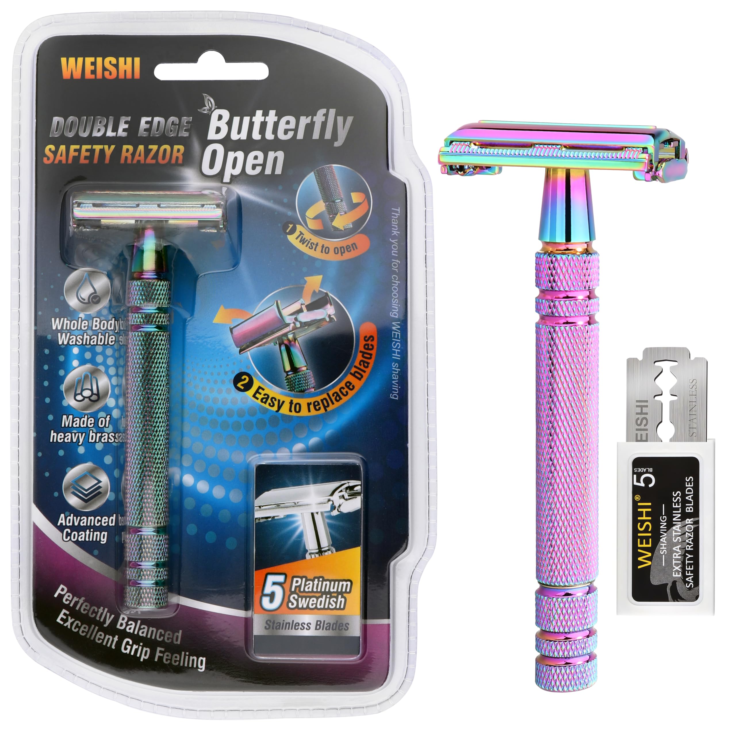 WEISHI Butterfly Open Double Edge Safety Razor for Men and Women, Elegant Rainbow Color Handle with 5 Stainless Razor Blades Included, Reusable Wet Shave Tool for Smooth, Close Shave
