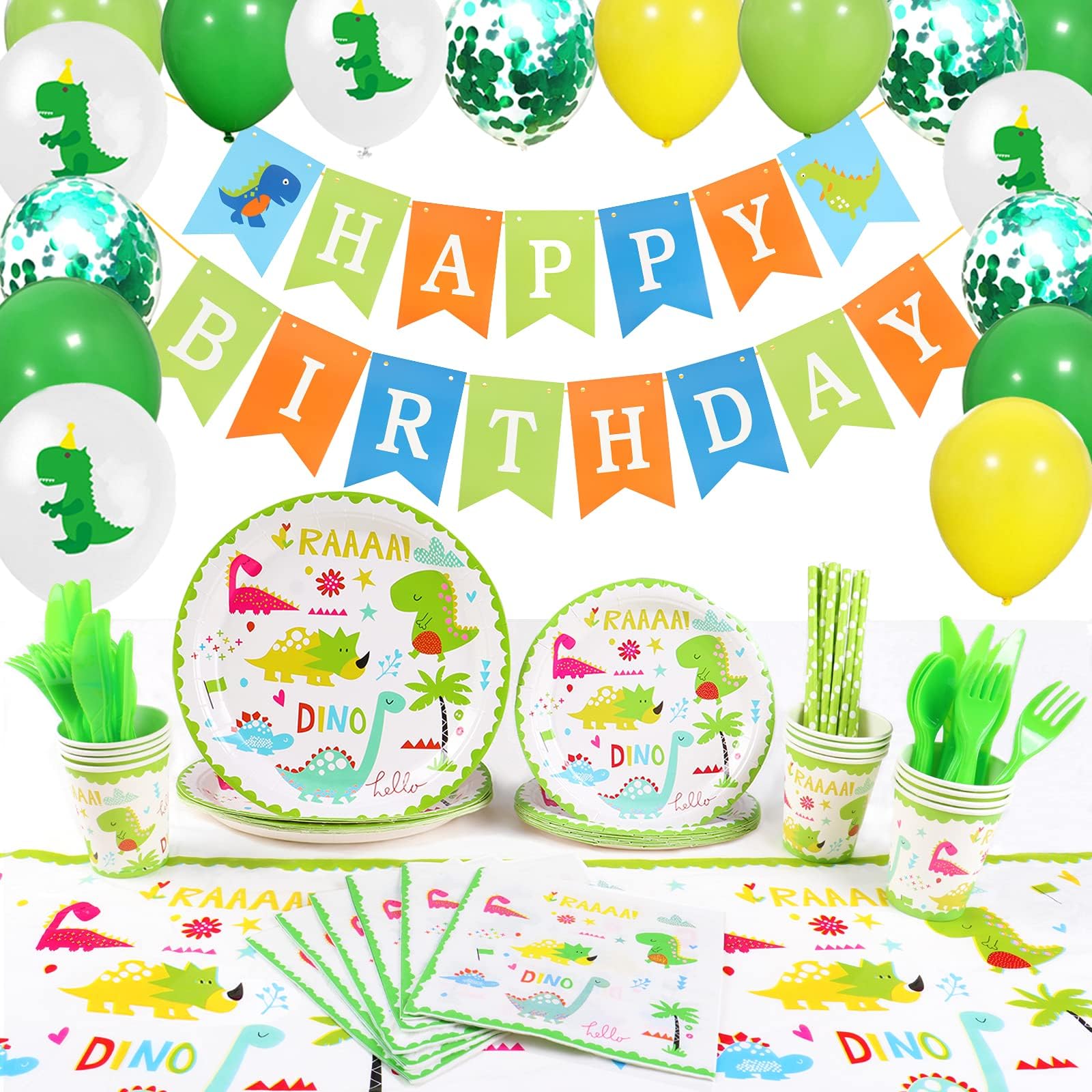 Shinelee Dinosaur Party Supplies Plates Cups Napkins Tablecloth Happy Birthday Banner Reusable Kids Dinosaur Birthday Party 115 PCs Serve 12
