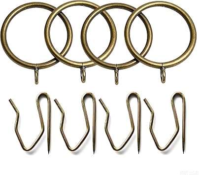 Curtain Rings with Eyelets, Metal Curtain Hooks for Drapes, Drape Ring 1.5 In Inner Diameter Fits Up to 1 1/4 inch Curtain Rod, 1.2 In Drapery Pins 22Pcs Brass Curtain Rings and 30Pcs Colorful Hooks
