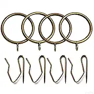 Curtain Rings with Eyelets, Metal Curtain Hooks for Drapes, Drape Ring 1.5 In Inner Diameter Fits Up to 1 1/4 inch Curtain Rod, 1.2 In Drapery Pins (22Pcs Brass Curtain Rings and 30Pcs Colorful Hooks)