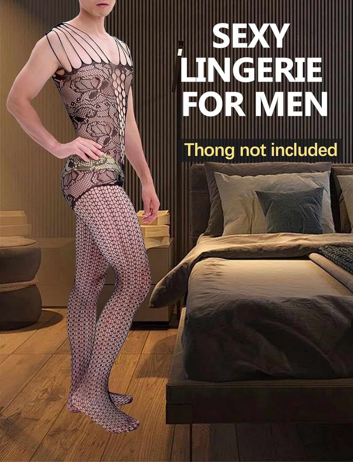 Men Lace Lingerie Sissy for Men Black Fishnet Lingerie Bodysuit Elastic One Piece Nightgown - Image 2