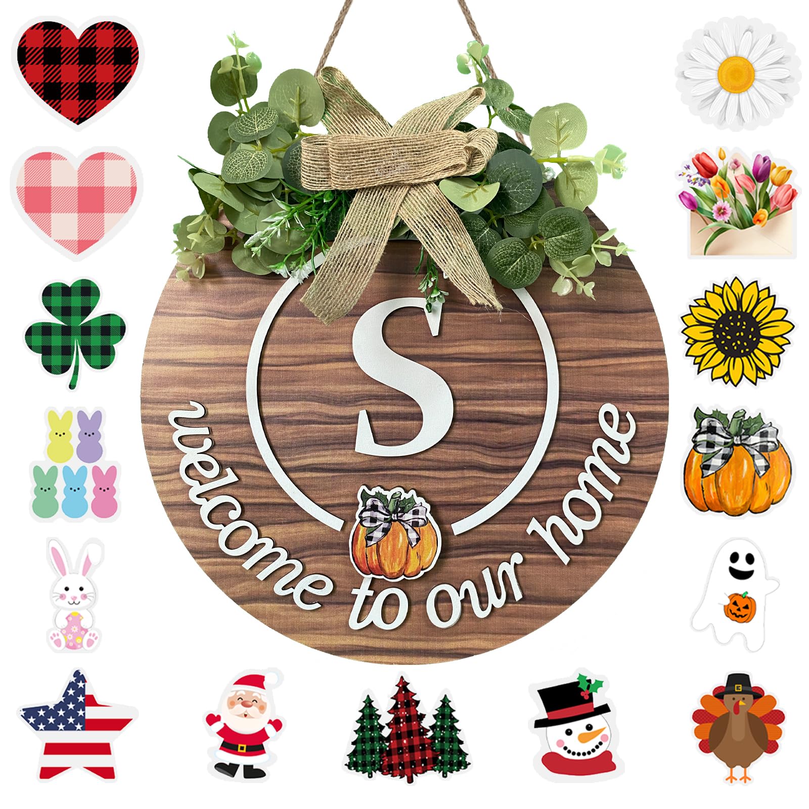 Initial Interchangeable Seasonal Welcome Sign for Front Door Last Name Letter S Front Door Wreath Rustic Home Decor with 15 Changeable Icons for All Seasons Holiday Fall Halloween Christmas Decor