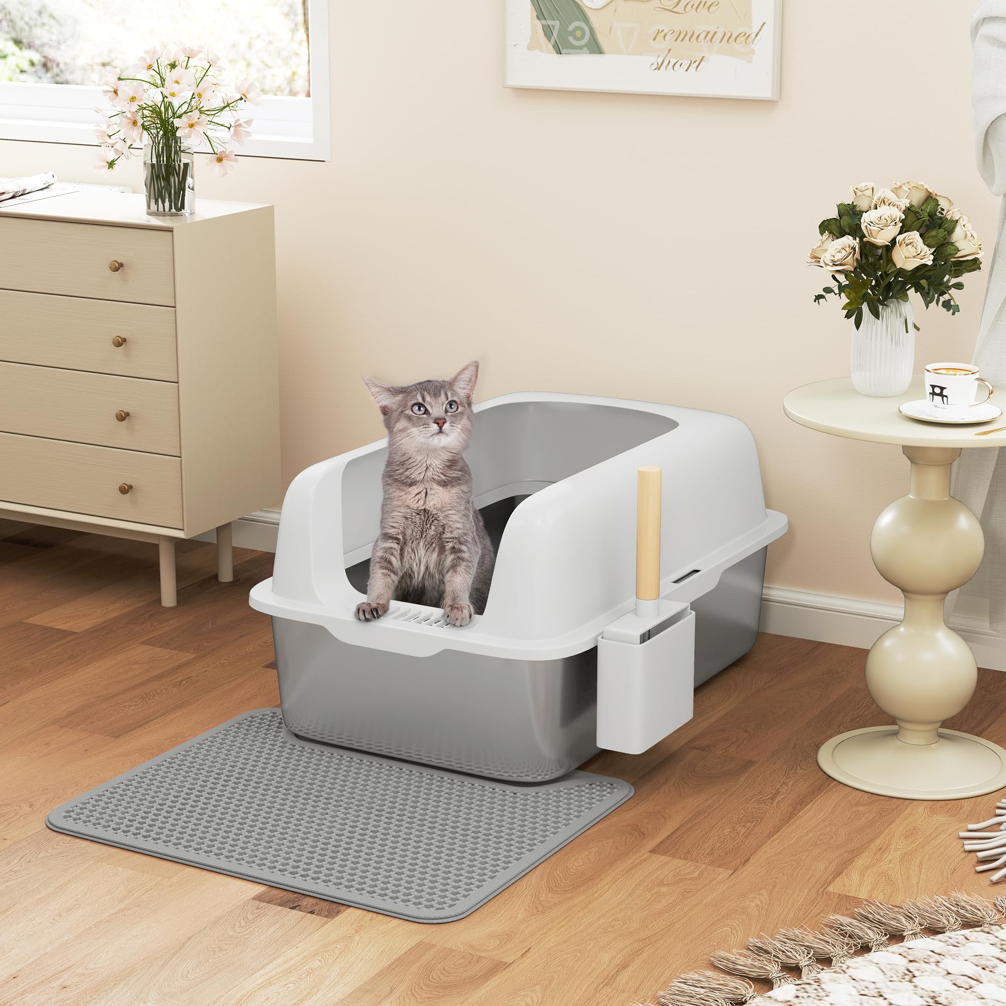 YITAHOME Edelstahl Katzenklo 30L XXL Extra Groß Katzentoilette- rutschfeste Hochwand | Anti-Streu-Fußmatte | Leicht zu Reinigende Antihaft-Oberfläche | 60x40x30cm (Grau)