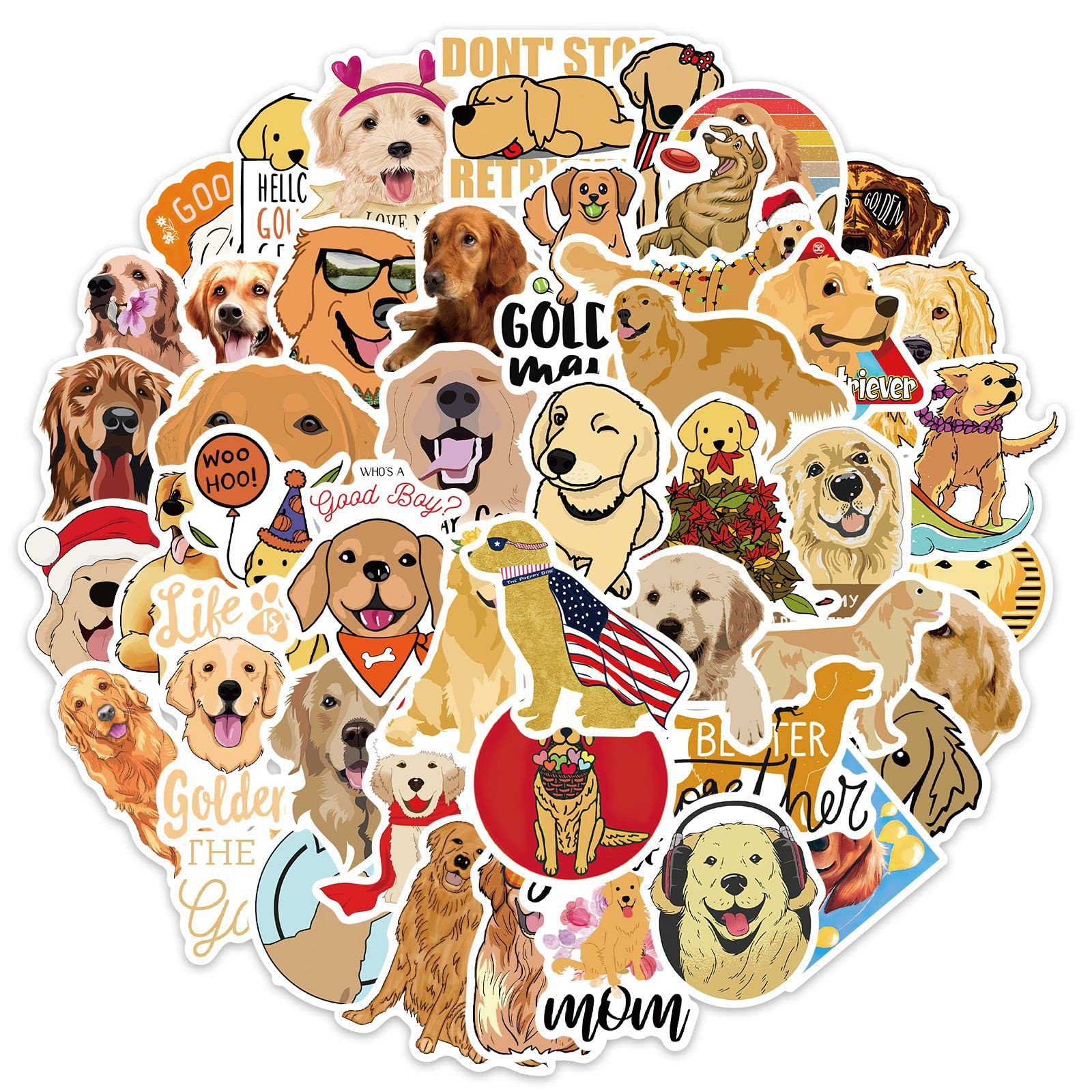 Cute Golden Retriever Stickers Pack, 50PCS Dog Sticker for Kids Teens Adults, Asverbet Waterproof Stickers for Water Bottle Laptop Phone Luggage