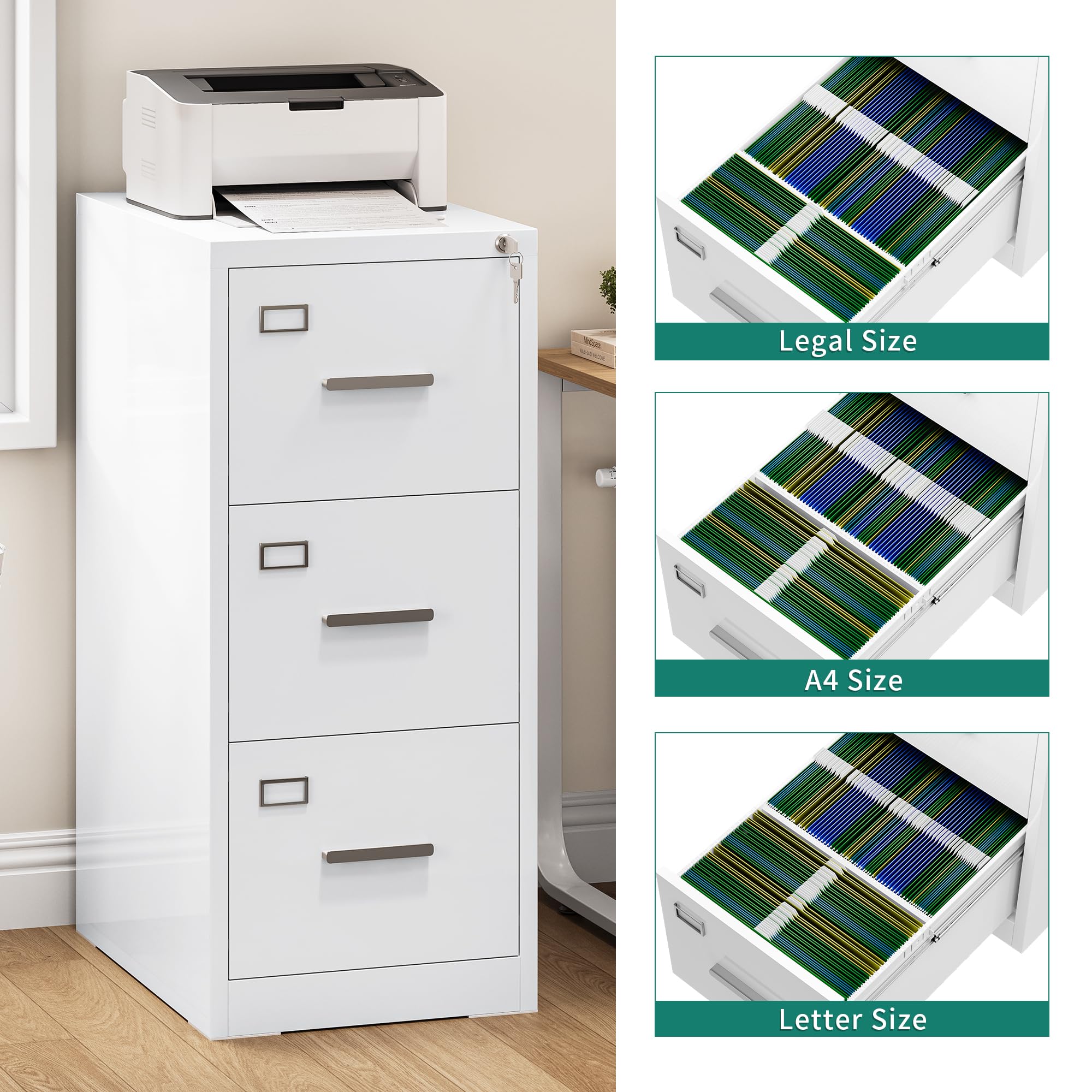 YITAHOME Aktenschrank Abschließbar mit 3 Schubladen, Metall Aktenschränke mit Cue-Karte für A4, Legal, Letter, Büroschrank Metallschrank für Home-Office, Hängeregistratur, Weiß, 62 x 45 x 102cm