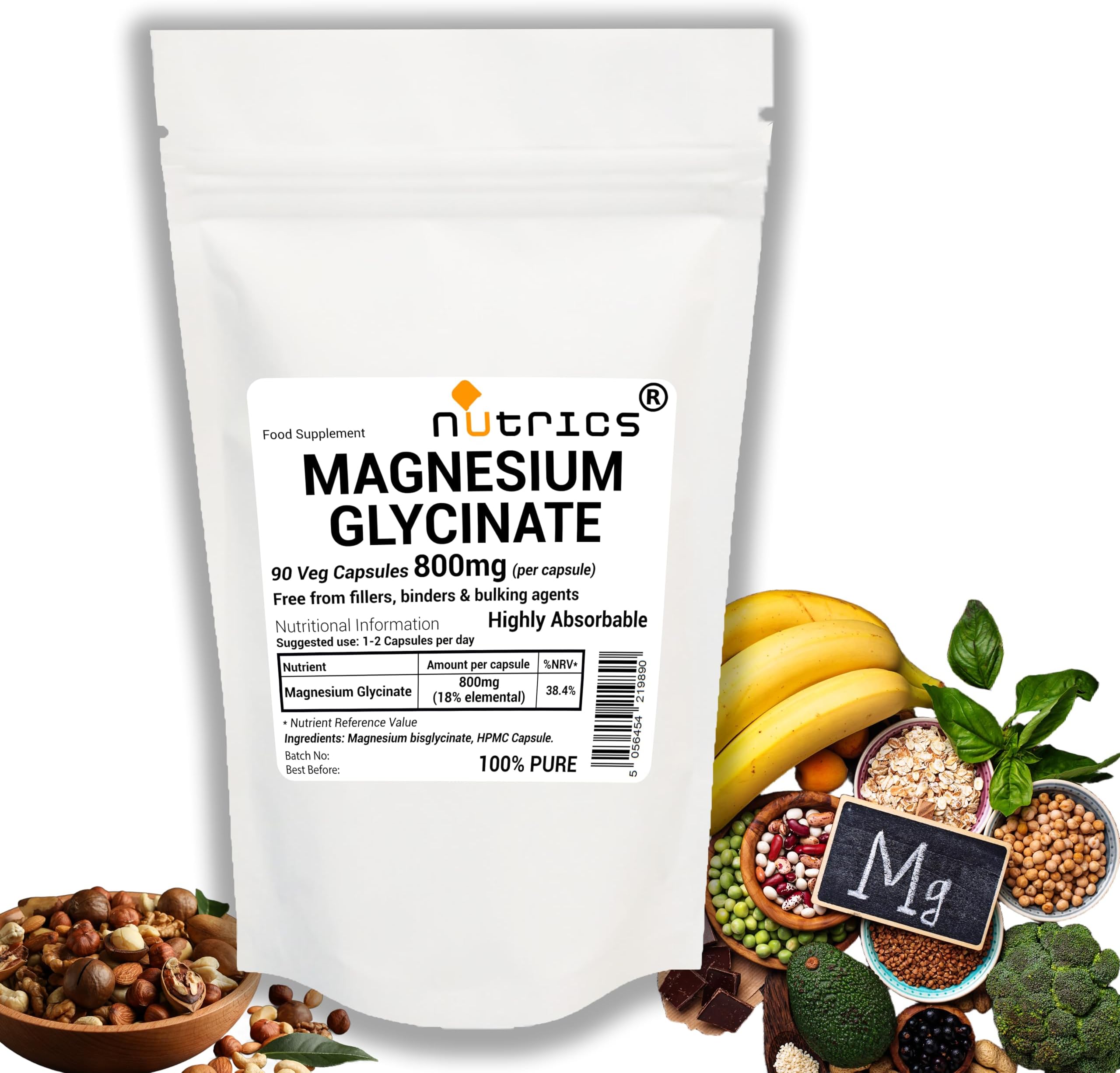 800mg (per Capsule) Magnesium GLYCINATE 90 V Capsules - Strong One A Day - 100% Pure Highly Absorbable - Free from fillers, Binders & Bulking agens (90)