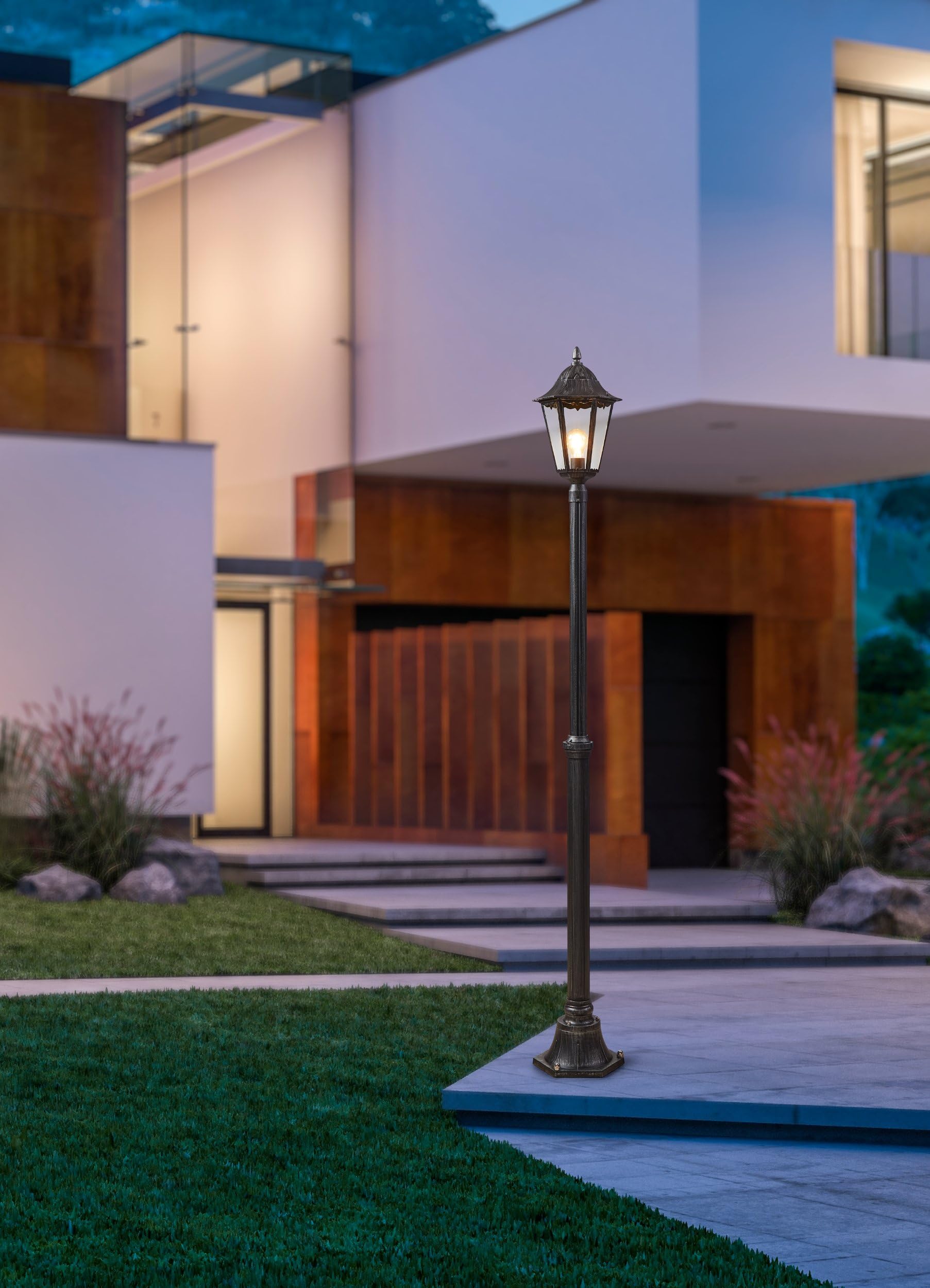 Eglo Lámpara de pie de exterior Navedo, luz de exterior de 1 foco, lámpara de pie de aluminio fundido y cristal, color negro, plata-patina, portalámparas E27, altura 200 cm, IP44