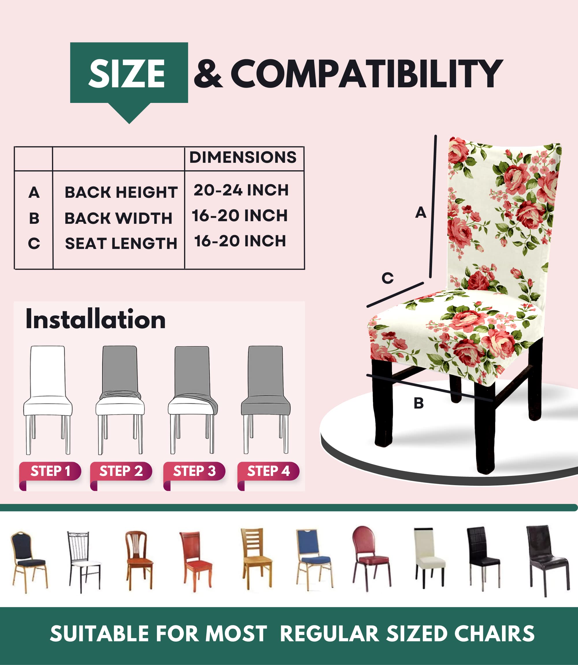 BRIDA ® Polyester & Spandex Elastic Stretchable Rose Flowers Printed Dining Chair Covers, Set of 4 (Standard size) 2