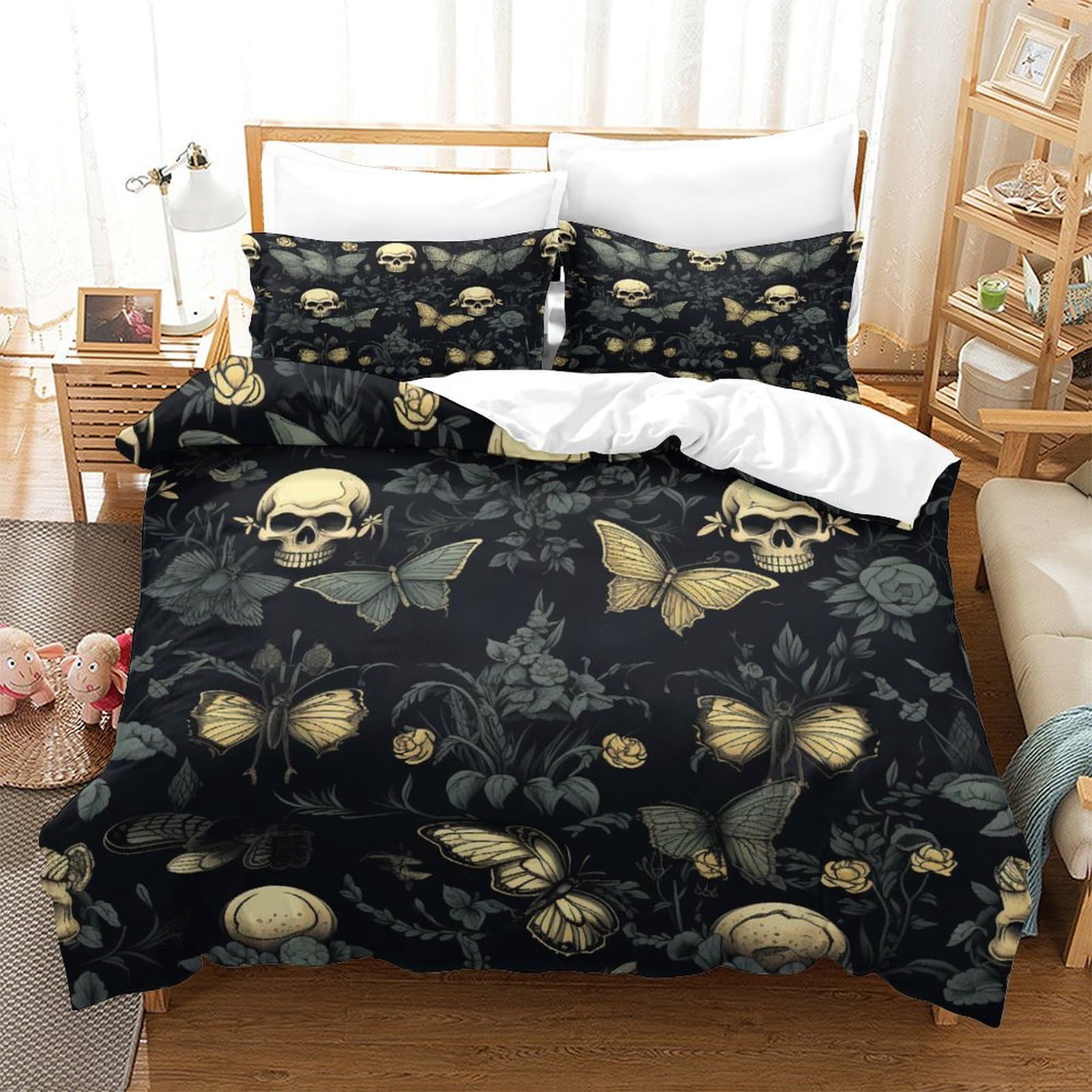 P1S9U7W5Y Gothic Shadow 3D Printed Skull Duvet Cover Set 3pcs Microfiber Bat Bedding Set King