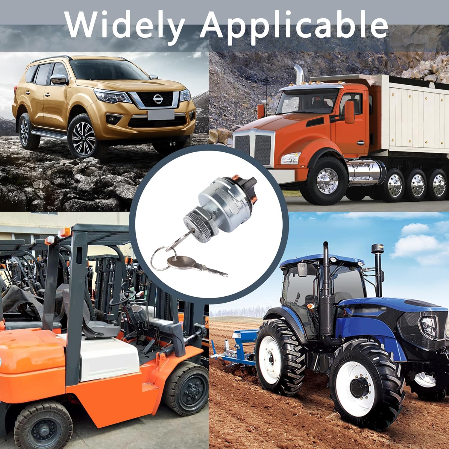 Collage of various vehicles including a car, truck, forklift, and tractor, demonstrating the wide applicability of the carleef Ignition Switch.