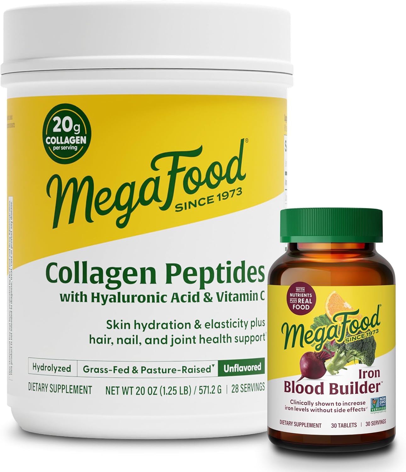 MegaFood Blood Builder Iron Supplement (30 Tablets) & Collagen Peptides (20 oz) Bundle - Iron for Red Blood Cell Production - Collagen for Hair, Skin & Nails - Gluten Free