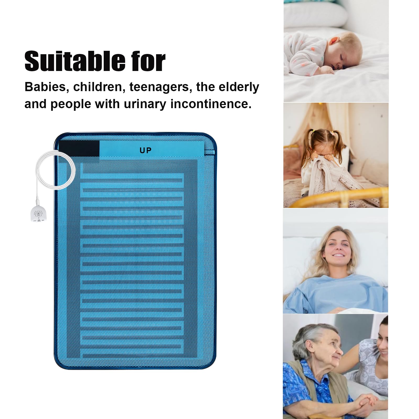 Almohadilla de alarma para mojar la cama para niños y niñas, recargable por USB, alarma de orina con música opcional y control de volumen, tapete urinario para entrenamiento de orina para niños, azul