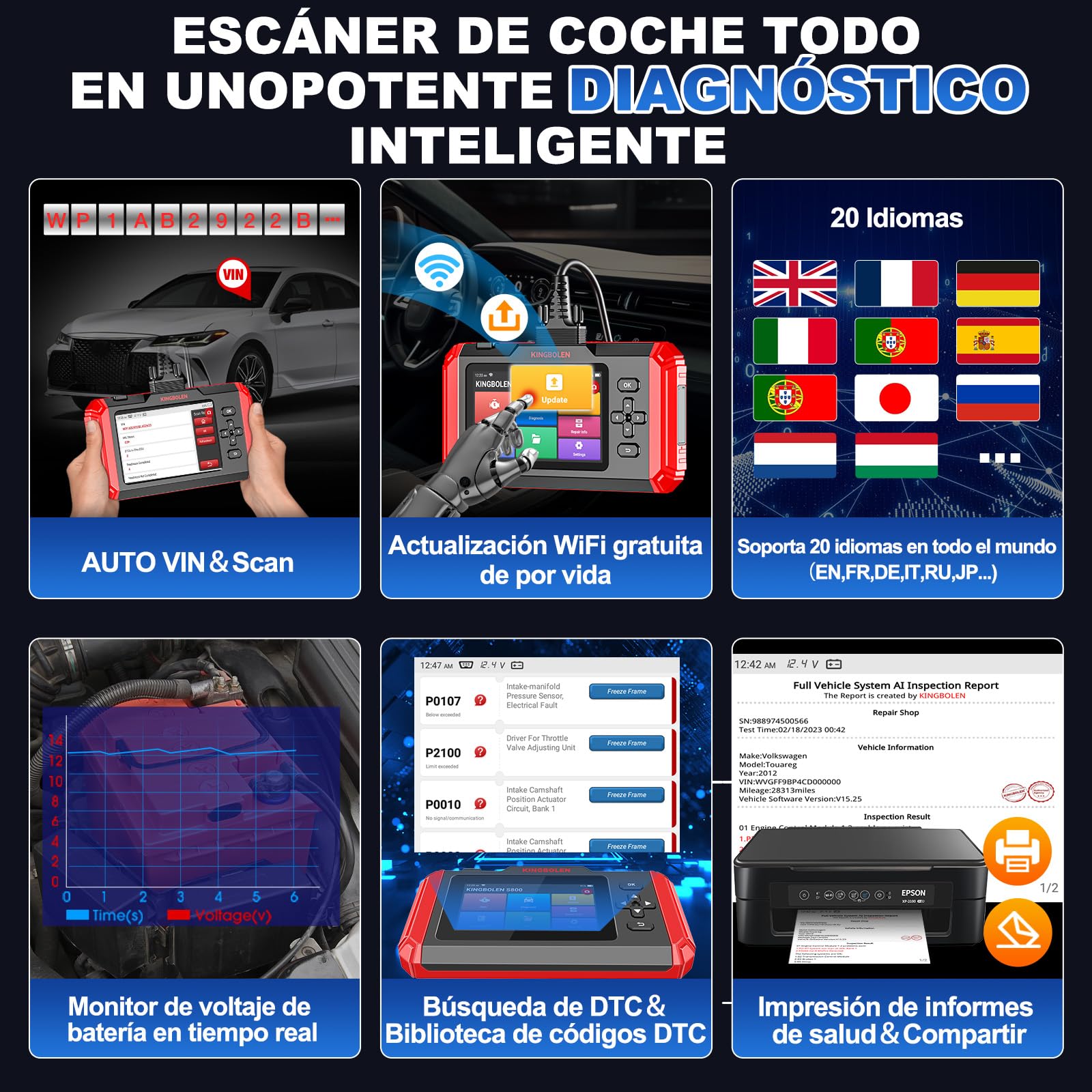 KINGBOLEN Diagnosis Coche Multimarca de 4 Sistema(ABS/SRS/ECM/TCM),S800 Maquina Diagnosis Coche con de 15 Funciones Especiales para Siempre, Obd2 Diagnosis Coche, Auto Vin