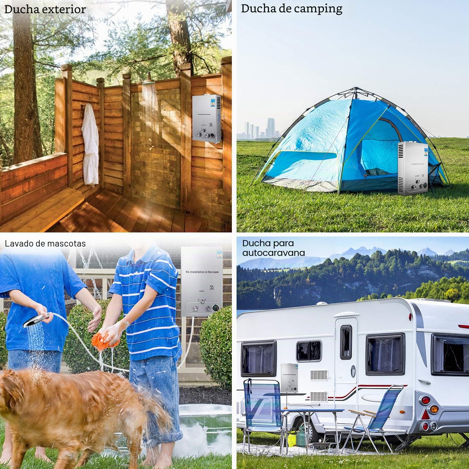 Calentador de agua de gas, 6LPM, calentador de agua instantáneo con gas, camping, GLP, propano, butano, 12 kW, acero inoxidable, presión de agua ultra baja, adecuado para la familia, autocaravanas
