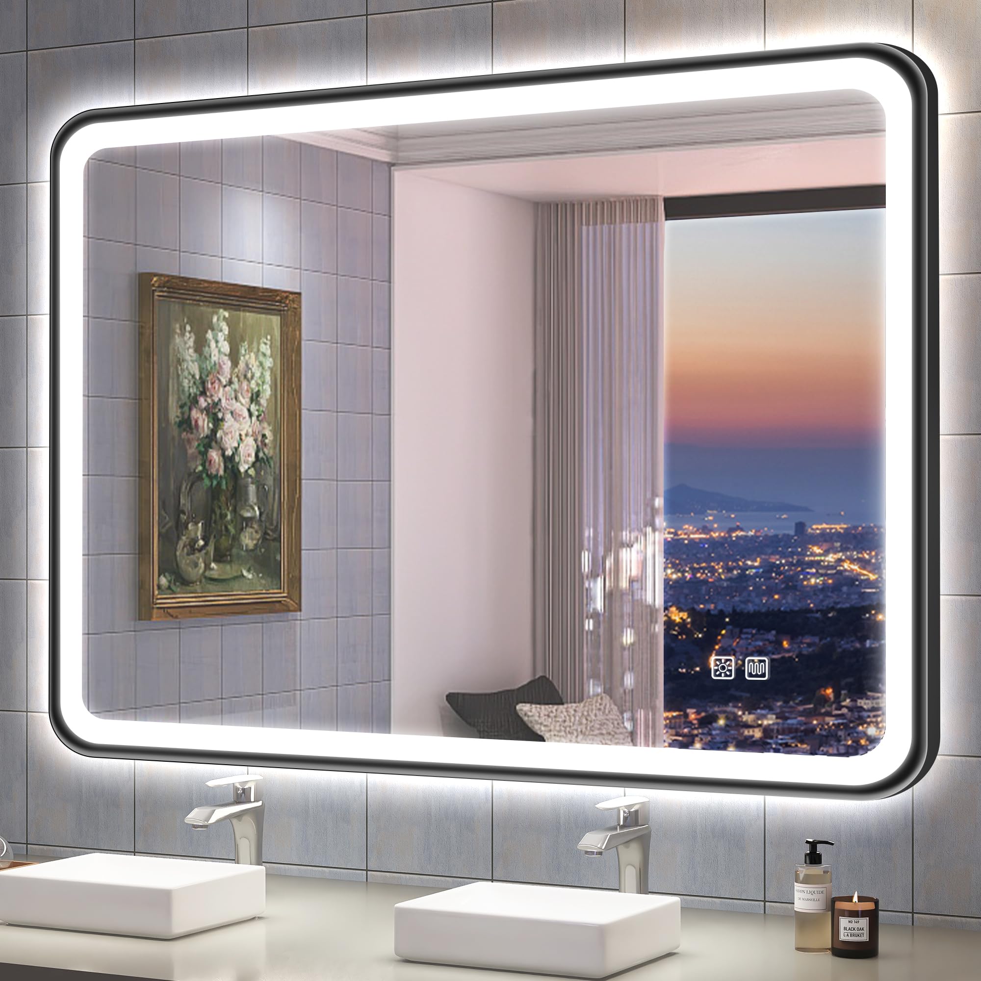 S'bagno Espejo Baño con Luz 100x70 cm, Espejo Baño Led con Marco de Aluminio, Anti-Vaho, 3000-6500K, Función de Memoria, IP44 Espejos de Baño con Led, Horizontal/Vertical, Negro
